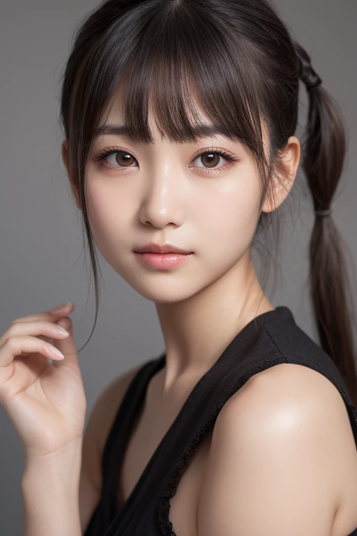 (Highest quality:1.2),(Perfect beautiful face 1.2),28 years old、Medium Hair、Messy Hair、midelioam、(((No makeup)))、Diagonal bangs、Heavy bangs、Black low ponytail,Clear Eyes,Detailed eyes、Asian、low length、Petite、freckles、moon face、、Large Breasts、