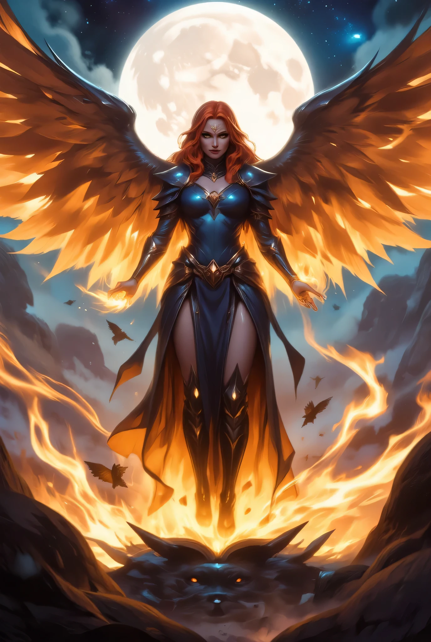 female, sorceress, casting flaming spell, full body, aasimar, female, large feathered wings, red hair, green eyes, determined face, divine light, intense eyes, ultra feminine, ultra detailed face, (Masterpieceת intense details:1.5), wearing azure armor, high heeled boots, armed with staff, moon, stars, clouds, fantasy magical heaven background, cinematic lighting, soft light, silhouette, photorealism, 16k, highres, best quality, 2.5D rendering, In the style of chargen_concept_art image of
