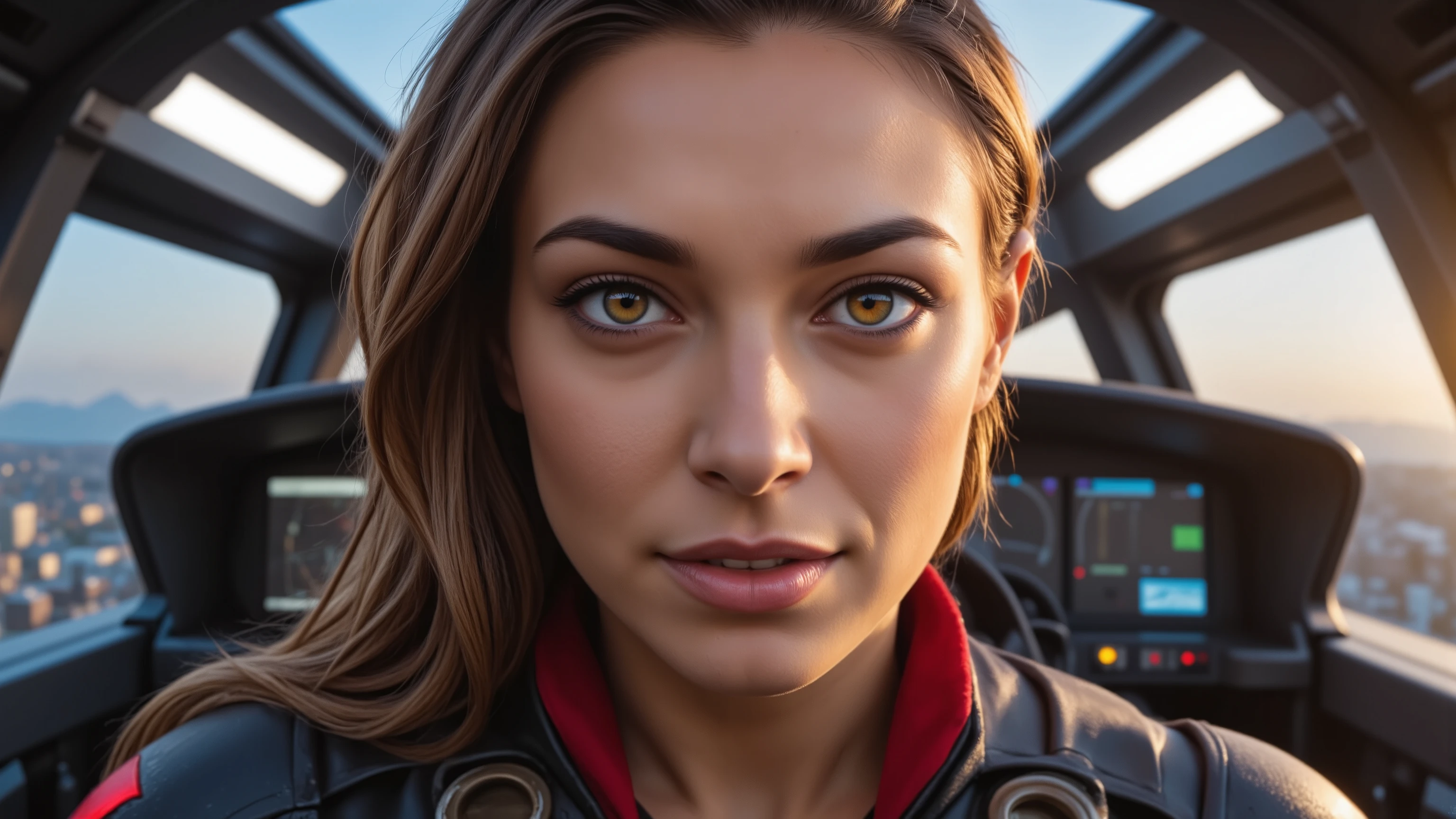 Close-up shot of a super-powered girl's intense gaze, eyes aglow with energy, as she expertly pilots her sleek light ship amidst the golden hour sky. The warm sunlight casts a radiant glow on her determined face, illuminated by the cockpit window showcasing the cityscape and distant horizon. Her hands grip the controls with precision, framed by the vibrant neon lights and sharp shadows. Ultra-detailed skin texture, complete with pores, meets the vast panorama of the city below, set against the breathtaking backdrop of a ray-traced sky. This cinematic masterpiece is a testament to the art of photorealism, capturing every detail in stunning UHD, HDR, 16K resolution, worthy of an award-winning film.