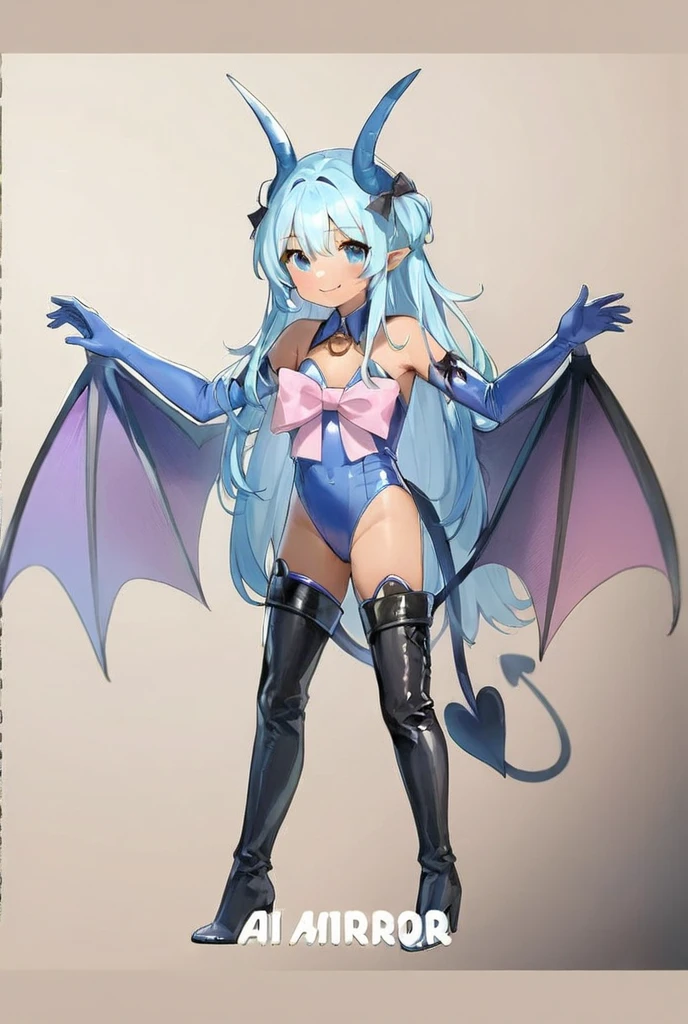 1girl, akugaki koa, idol es, heart ahoge, blue bow, blue eyes, yellow eyes,heterochromia, open mouth, pointy ears, wings, tail, horns, hairclip, heart ahoge, hair bow, masterpiece, best quality, very aesthetic, absurdres, black thighhighs, black elbow gloves, full body, bedroom background, ahegao, small breasts, spread legs, tai grab, grabbing others tail, lifted from tail, grabbing tail from behind, hanging from tail