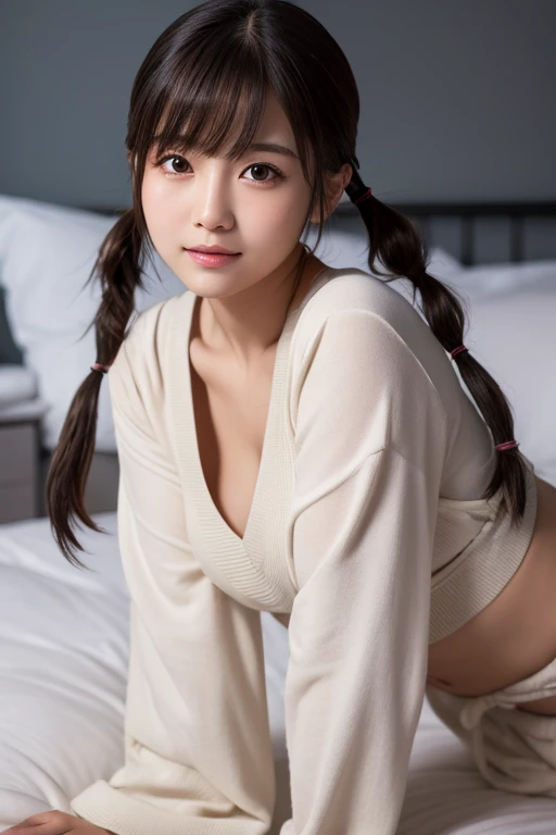 19 years old child, twin braids, bangs, wearing pink see through pajamas, nude inside, big round breast, nipple protrusio, (torogao:1.3), (full blush:1.3), (photorealistic:1.2), (ultra realistic:1.3), (very detailed:1.1), ((masterpiece)), depth of field, from above, lying on the black sofa, living room, watch TV, at night.