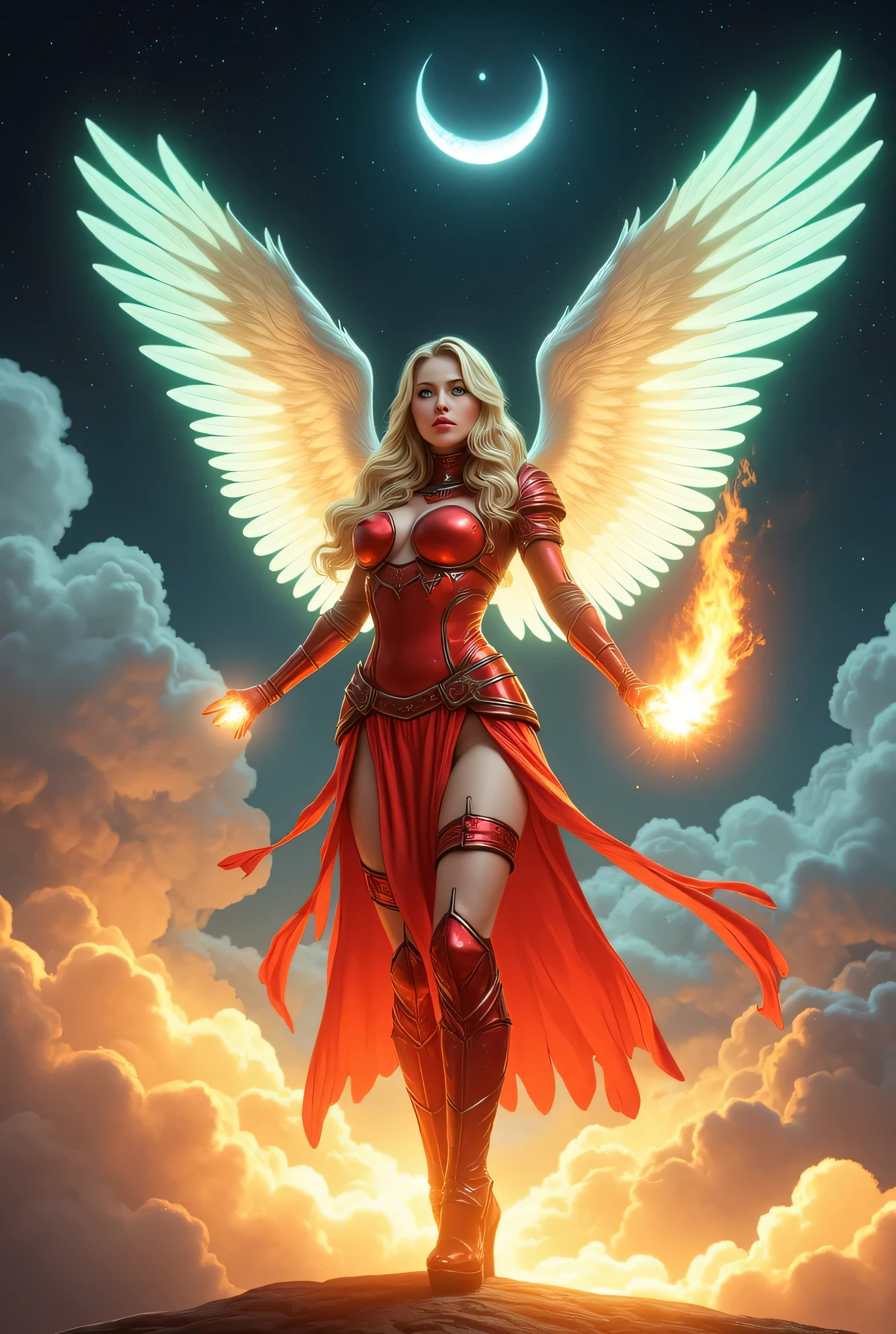 female, sorceress, casting flaming spell, full body, aasimar, female, white large feathered wings, blond hair, green eyes, determined face, divine light, intense eyes, ultra feminine, ultra detailed face, (Masterpieceת intense details:1.5), wearing red armor, high heeled boots, armed with staff, moon, stars, clouds, fantasy magical heaven background, cinematic lighting, soft light, silhouette, SFW, photorealism, 16k, highres, best quality, 2.5D rendering, glow outline