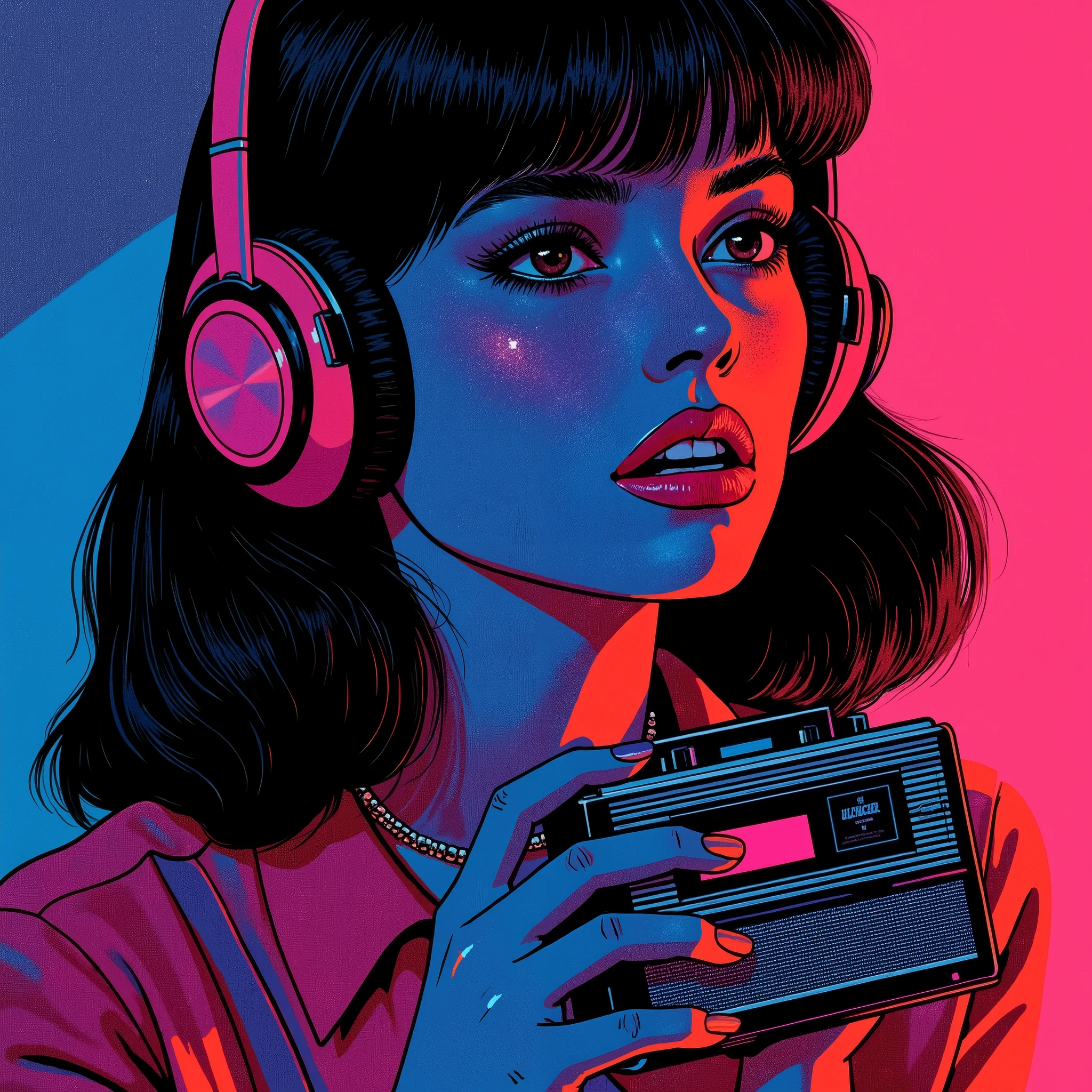 Bust of a young 80s style woman listening to a dancing Walkman, New Wave style, album cover image,and high contrast