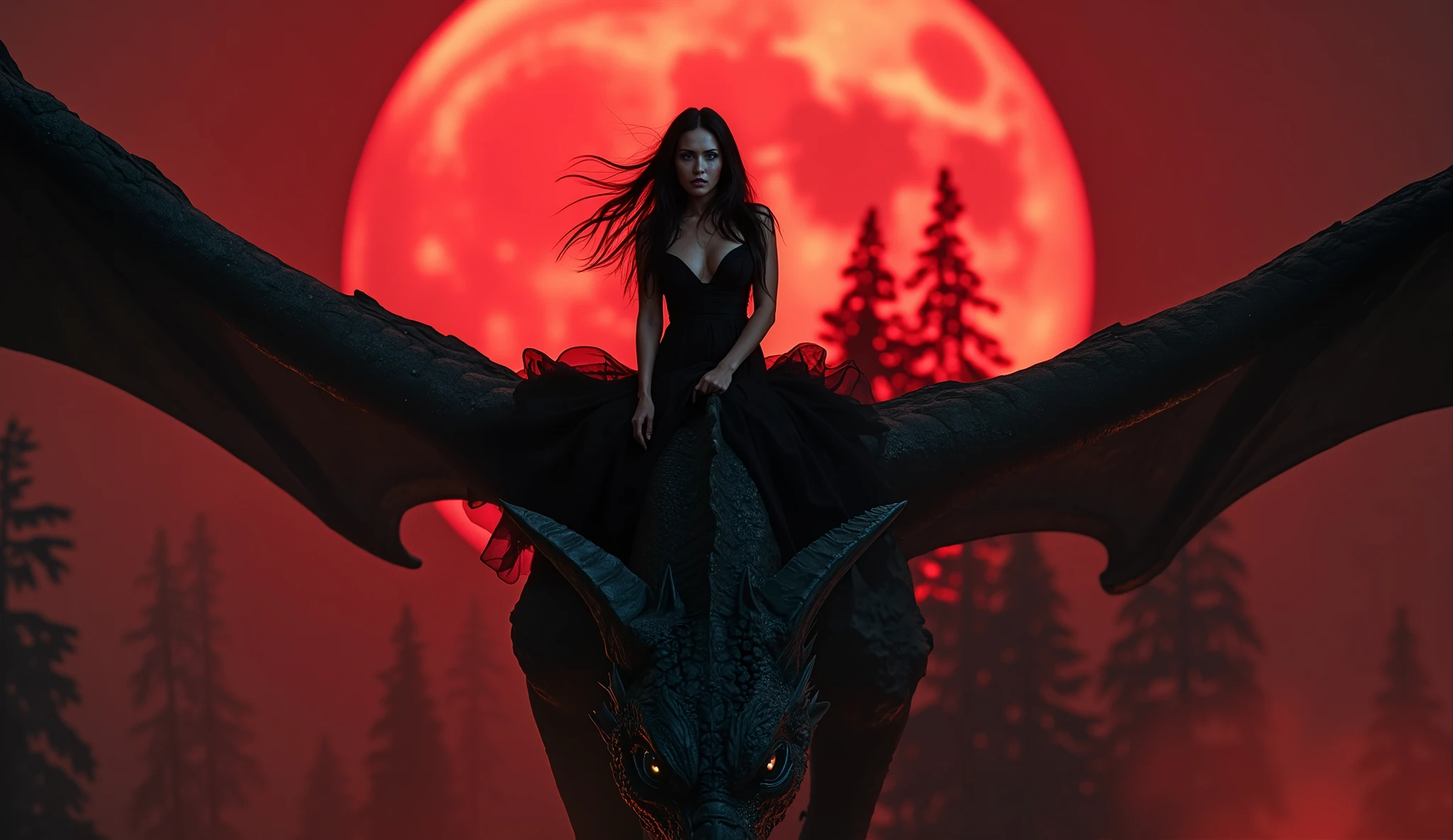 A gothic heroine resembling Megan Fox, with piercing blue eyes, full lips, and long flowing black hair, sits confidently atop a gigantic black dragon in mid-air. Her translucent black dress clings to her hourglass body, fluttering in the wind. She looks directly at the viewer with a seductive, enigmatic gaze, her hair swirling around her face. The colossal dragon’s wings stretch across the blood-red sky, casting vast shadows over the dark forest below. Mist and embers fill the air as the moon glows behind them. — high fantasy, gothic beauty, seductive expression, cinematic close-up, dramatic lighting, ultra detailed, 16:9.