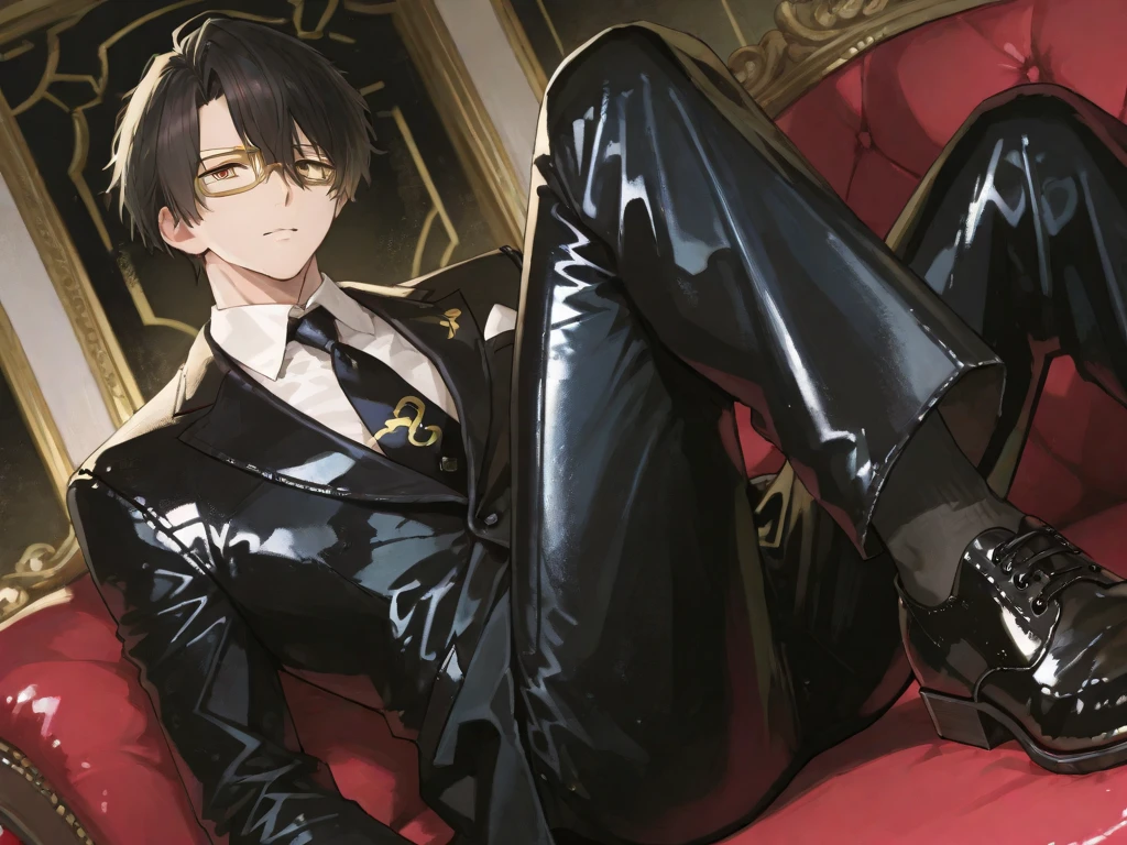 1boy, 16~20 years old, male focus, muscular male, nsfw, 3D, realistic, indoor, normal hue, central, golden ratio, sitting on the leather couch, sharp-featured body, tall, burly, highres, slender build, perfect anatomy, skin texture, thick dark buzzcut hair, see-through bangs, shallow eyebrow, symmetrical eyebrow, large bright eyes, symmetrical eyes, square gold-rimmed glasses, big straight nose, closed mouth, double-edged polearm, broad shoulders, noble attire, bdominal stretch, tight-fitting, leather collar, stand-up collared shirt, necktie, waistcoat, open thickened glossy dark leather jacket, six-pack abs, leather gloves, black trousers, leather belt, spreading long thin legs, large erect penis over 10 inches length and 3 inches width, erection, large scrotum with testicles, masturbation, high-heeled leather boots, soft smile, handsome, powerful, from front, looking ahead at viewer, day, masterpiece, best quality, hyper-detailed, intricate detail, professional photography, matte, bright, the most beautiful ever seen, post processing, dreamatic lighting, ambient lighting, epic composition, ultrawide shot, uplight, raytracing reflections, depth of field, gorgeous background