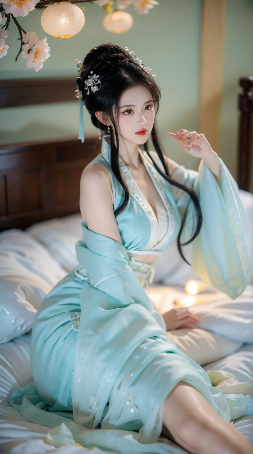 Blue and white porcelain style，Ancient Chinese clothing，The clothing is blue and white motif，ancient china art style，Fashion model 18 years old [[[[closeup cleavage]]]], [[[[boobgasm]]]], [[[[coll]]]], [[[[bshoulders]]]], perfect  eyes, Perfect iris，Perfect lips，perfect teeth，Perfect skin，with fair skin，Soft front light，hdr，Movie girl，long whitr hair，The expression was melancholy，The background is an ancient Chinese interior，4K Ultra HD, 超高分辨率, (Photorealistic: 1.4), Best quality，Masterpiece，Utra dilution，（pastel colour：1.2）