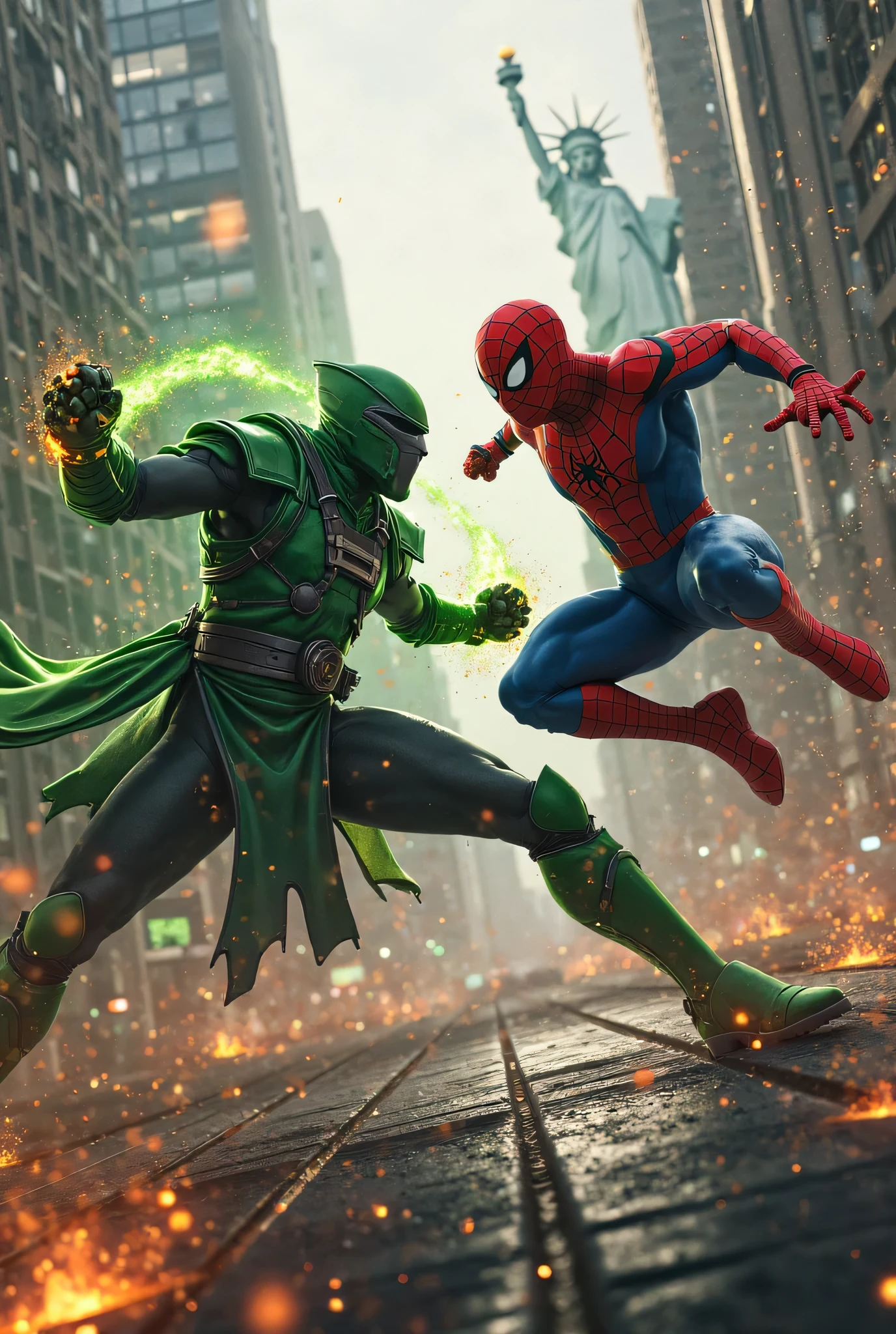 Arrow (DC comics superhero) fighting Hawkeye (Marvel coMics superhero)), facing each other in a bow & arrow duel, on roof top of a skyscraper, a city of skyscraper in background [[depth of field]] [[hyperdetailed city background]], night time, lights in the city, [[hyperdetailed body outlines]] [[hyperdetailed costumes]], loaded bows in hand, quivers, hyperdetailed movie matching costume and faces, electric winds, night sky