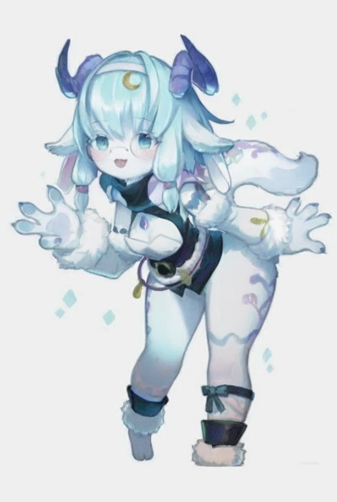 (minikrita:.9), (kikikrita:1), 1girl, solo, smile, white hair, blue eyes, tail, white skin, (multicolored eyes), (blue background), (simple background), (full body), (colored skin)