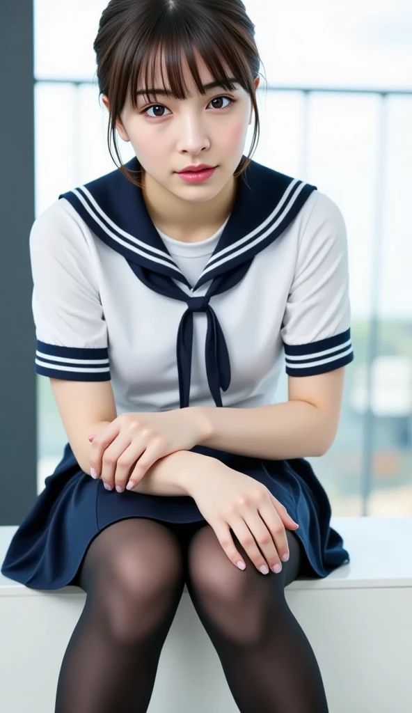 whole bodyを撮影、Shooting from below、Foot shooting、(Burstingly Big Breasts:1.3)、high quality、masterpiece、Ultra-high resolution、Thighs、beautiful girl、beautiful girl顔、Cute girl face、Cute Uniform、Braiding、whole body、whole bodyを撮影