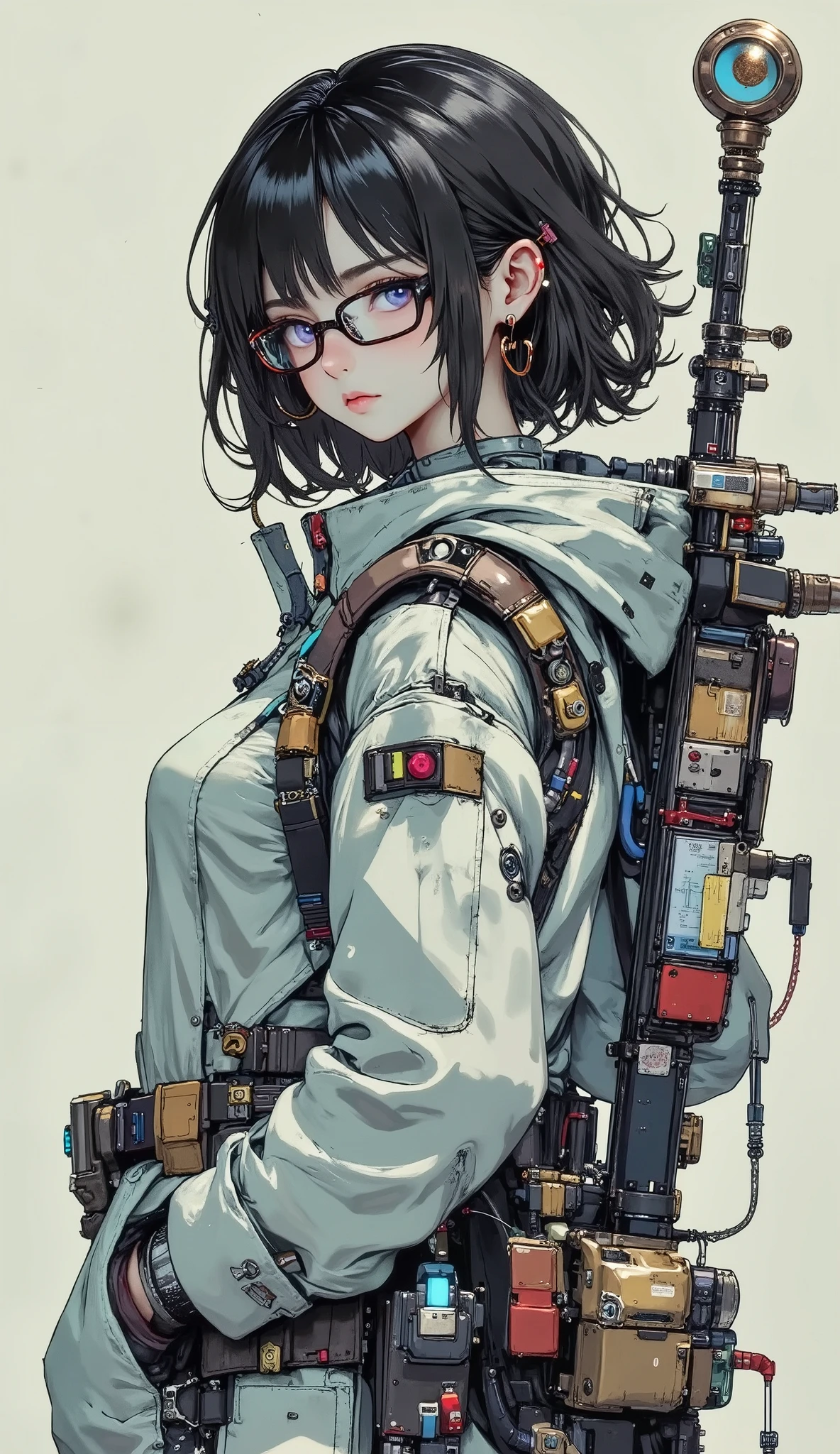 woman with glasses、leaning against a wall。The line of sight is facing this side。