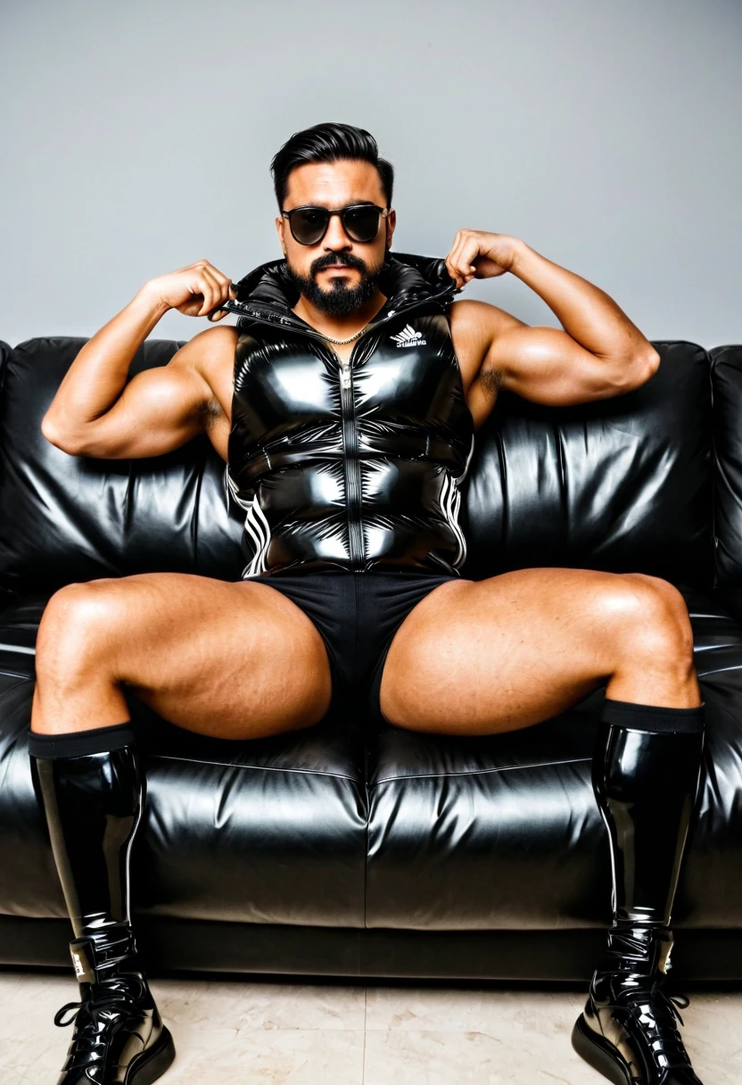 There is only one handsome Asian actor in the photo,35 years old,High target, Fitness,short hair, O-Shaped Beard,Perfect body, Dark skin color,Radiant Skin,Smooth skin,Muscle bulge, muscular, Very large pectoral muscles,Very sexy abdominal muscles,Very well-developed leg muscles,Huge concave and convex area,Brightens oily skin,Wearing black leather shiny thong,Handsome face, Correct and accurate male body proportions, Wear black socks,Ropes around the body,Lying on a grey blanket。