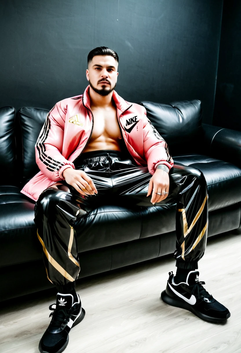A Latino man in black latex underwear on a red background shows his bare feet, SUS PIES SON BELLOS Y BONITOS, Many details on the feet and not weird nails
