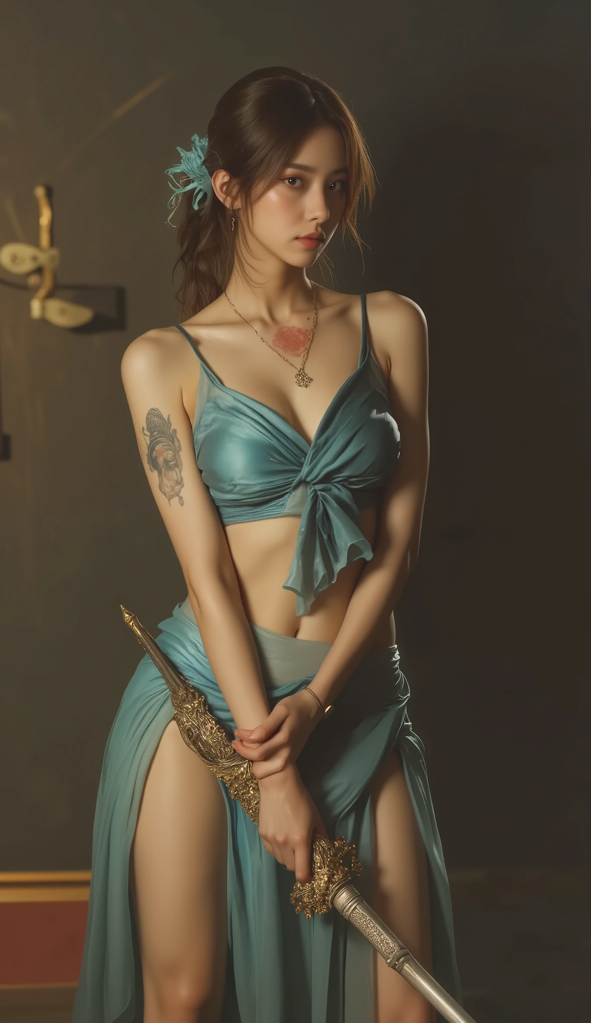Raytraced Images Inspired by Alicia Vickander {x}。Close-up of a woman in a blue dress holding a sword, Wang Meng, a Taiwanese girl with a tattoo of an Asian woman in Arafé , Full Body Senxia , Inspired by Gu Kaizhi , Spirit medium, yakuza slim girl, Big Breasts、deep cleavage、Shashi, by Ni Zan, ILLUSION LIGHT , do , 's ornate Korean pole arm , with ancient Chinese aesthetics