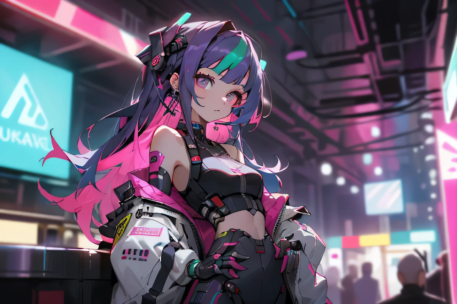 (RAW photo, best quality, masterpiece:1.2), (best quality:1.4), ((sexy cute Japanese cyberpunk catgirl)), (((slender body))), big breasts, (bangs), smiling, ((wearing colorful Harajuku tech jacket)), ((wearing miniskirt)), insane details, dynamic pose, cyberpunk city streets background, hair intakes, ((shapeless long hair)), glowing neon accents, looking at viewer, (((thigh gap))), multicolor hair, alice \(nikke\),(shiny skin)