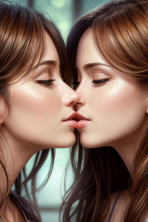 Hyper-realistic.close-up, young Korean father affectionately hugging his 20-year-old daughter gently, their lips doing a french kiss.dramatic, a father's affection for his daughter.blurry beautiful scenery.photorealistic.high resolution.ultra hd