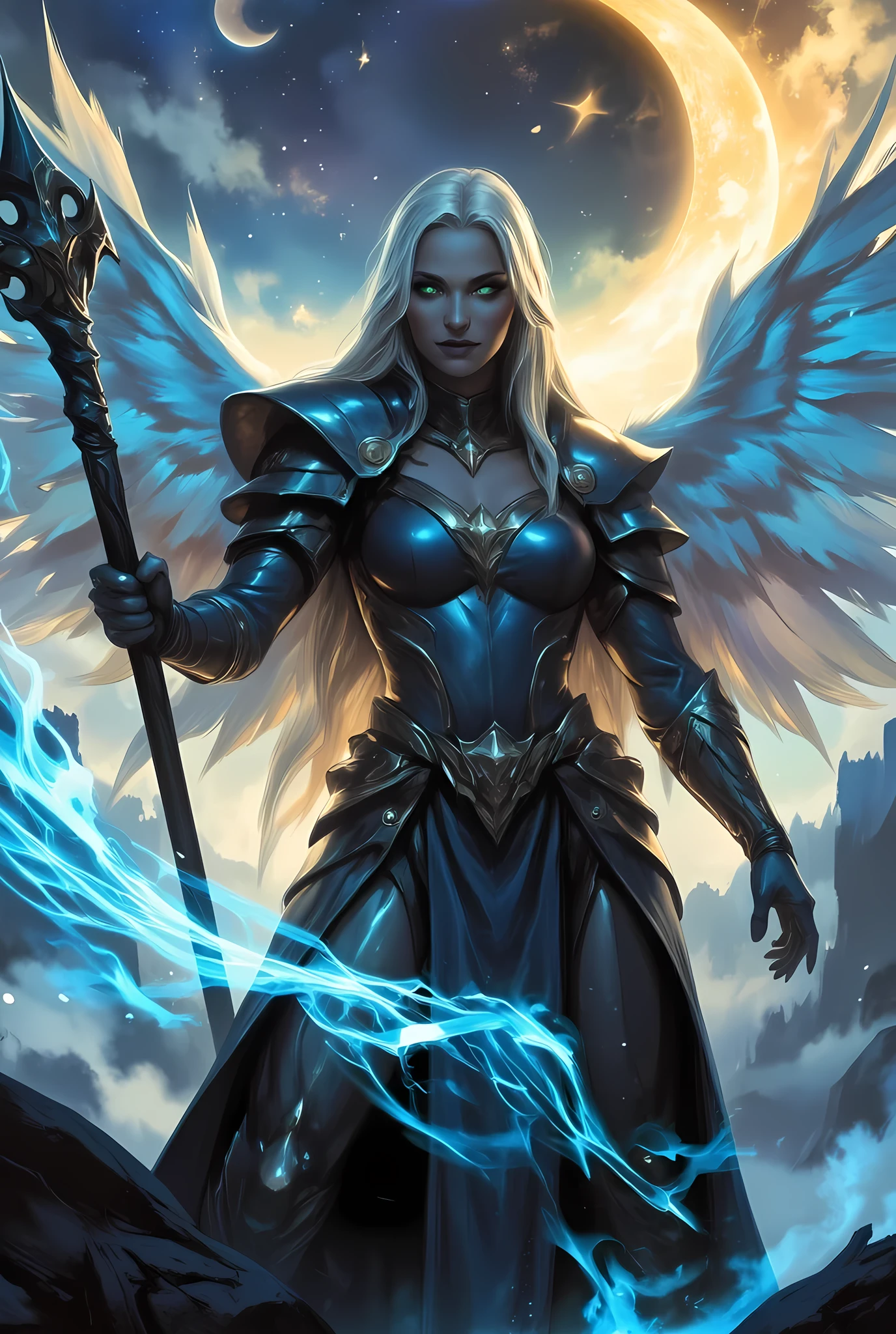 female, sorceress, casting flaming spell, full body, aasimar, female, white large feathered wings, blond hair, green eyes, determined face, divine light, intense eyes, ultra feminine, ultra detailed face, (Masterpieceת intense details:1.5), wearing azure armor, high heeled boots, armed with staff, moon, stars, clouds, fantasy magical heaven background, cinematic lighting, soft light, silhouette, photorealism, 16k, highres, best quality, 2.5D rendering, In the style of chargen_concept_art image of
