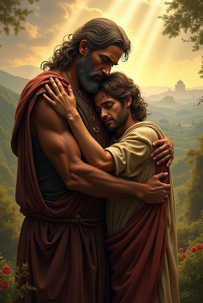 Create the biblical setting of the story KING DAVID EMBRACING A FRIEND