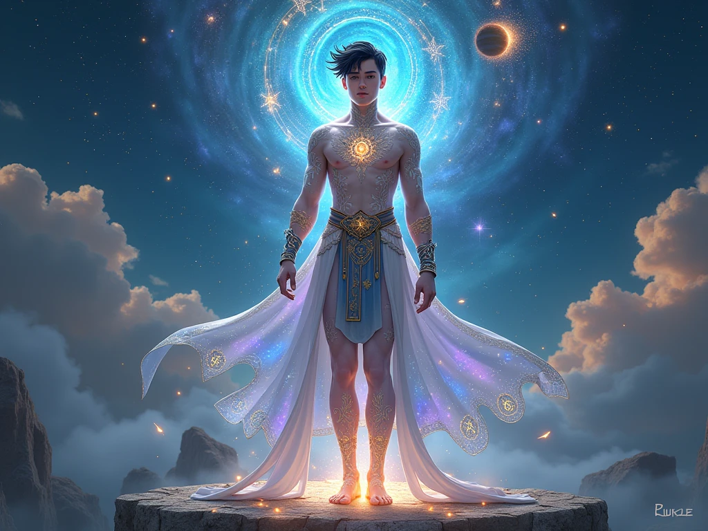 A full-bodied young man short black hair humanoid flying in a sea of silver particles, his hair radiating with a golden light. Her body is detailed with silver orb spirals and a kundalini energy that glows from within, following by a striking thunder,super wide view,dramatic scene,long expossure, slow motion