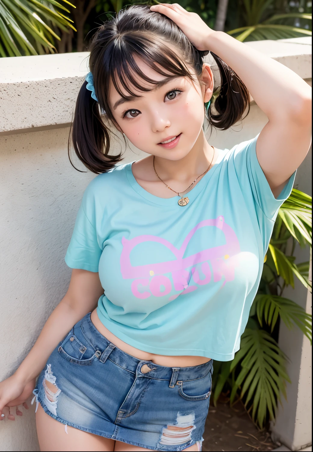 ( best quality ,masterpiece:1.3, ultra-high image quality of processing),( very detailed、 caustics ) ( realistic:1.4, RAW shooting、)Ultra- realistic Capture、 very detailed、 natural skin texture 、masterpiece、( The upper body is a short hologram t-shirt、A Japanese elementary school student wearing a tight skirt with short jeans on the lower body:1.3)、 adorable expression、Expressions of happiness、、: 、BABY FACE、pure、 amazingly cute、 Twin Tail Hairstyle 、curly hair、scrunchie 、 necklace、 black hair、 Big Breasts、 Shining thighs、Midsummer Sunshine、 Photo taken on the Okinawan coast 、palm tree smile、 charming gaze 、( anatomically correct)、 cowboy shooting、 attention to detail、A Japanese elementary school student wearing a sequin t-shirt and short jeans with a、