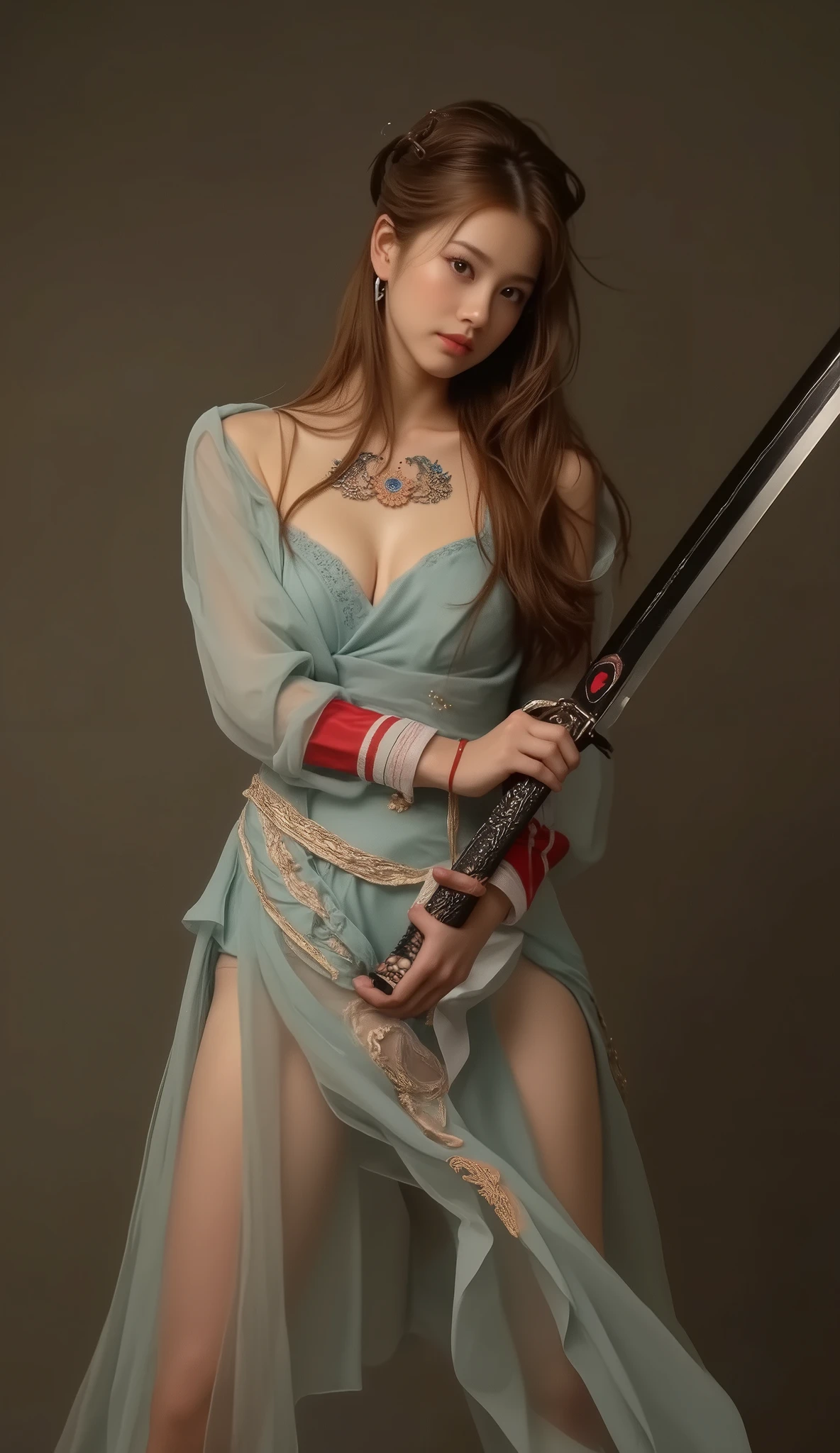 Split abs, large full breasts, Best Quality, masutepiece, 超A high resolution, (Photorealistic:1.4), arma, Detailed face, 1girl in, Sword weapons, cleavage, (Magic Circle:1.2), a beauty girl, Full body, Edo period of Japan, Townscape of the Edo period, Samurai, Japan, Fantasy, High quality, ultra detailed in 4k, 8K, High resolution, fantasy coverart style, medieval times, Sharp Focus, depth of fields.