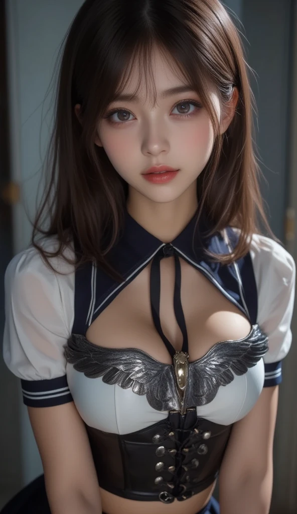 (Masterpiece, Best Quality, 1 Girl, Solo, Intricate Details, Chromatic Aberration), (Reality), (Skin), (Skin), 1 Girl High Ponytail, ((Mid Breath)), (Brunet, Blunt Bangs), Detailed Hair, Red Heador, Blue Highlight, Hair More Than One Eye, Red Eye, Small Earrings, Sharp Eyes, Necklace, ((Black Crop Top Openwork)), (Symmetrical Eyes), (Perfectly Symmetrical Body), ((Natural Light))), Backlit, against gray walls, dim lighting, standing, (looking at the audience), ((Center shot, from the front, (face and waist) pronounced chest line Deep V realistic, high resolution, 1 girl, big breasts, black wavy hair, small moles under the eyes, white shirt, black pleated skirt, visible chest line, long legs, tight abs, dynamic pose, catwalk Chest line Black pleated skirt Jacket exposed white bra Navel eyes High ponytail