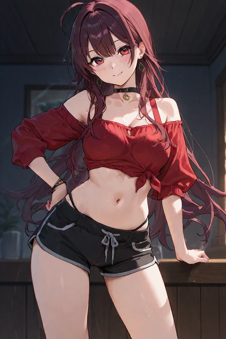 Wide hips, tiny skirt, visible midriff, visible thong straps,