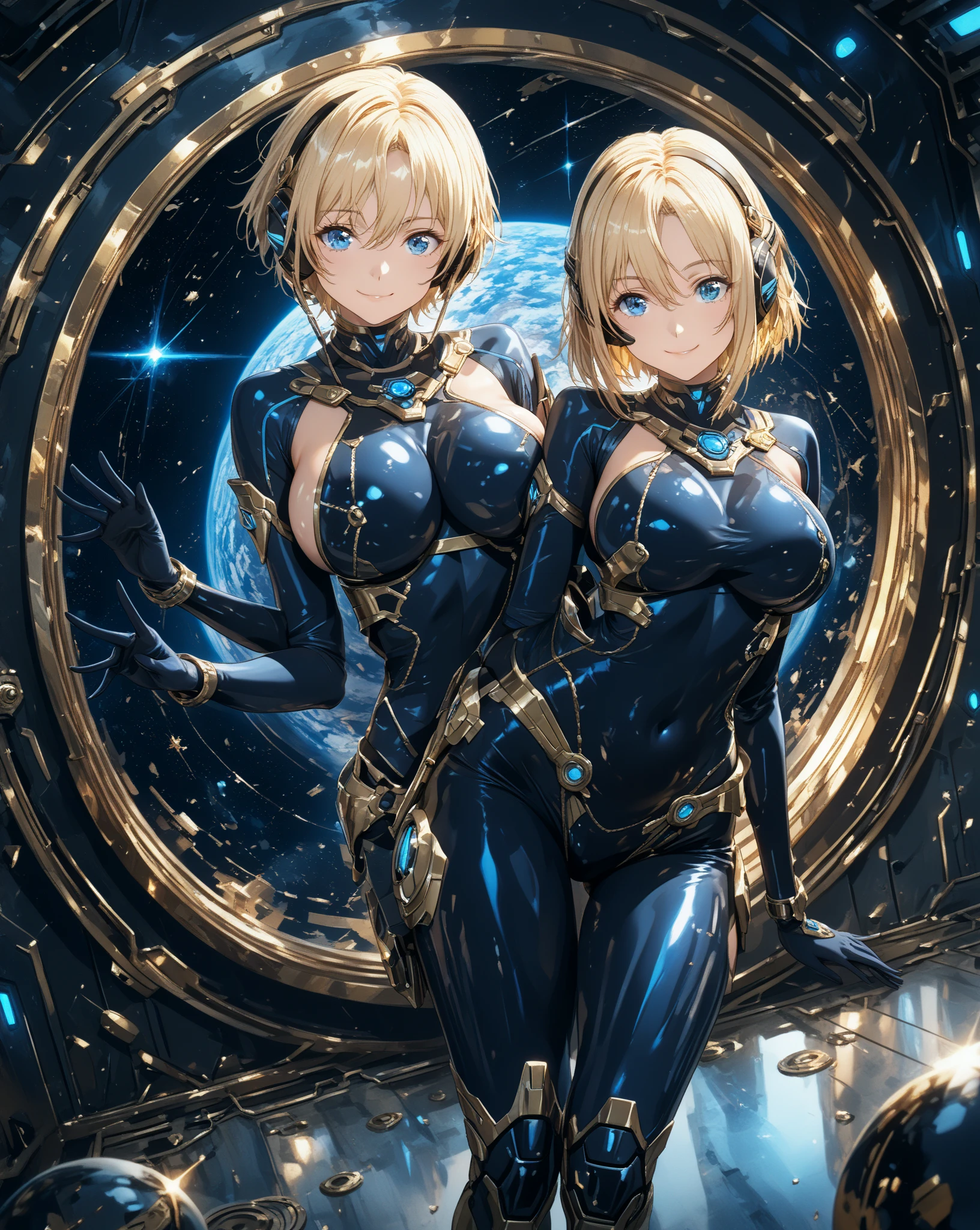 Masterpiece, 4girls, wearing , beauty and cute, high detailed, dinamic lighting, vivid colours, masturbate , ultra large saggy breasts, massive cleavage exposed, A giant spacecraft navigating interstellar space, Sophisticated design, huge geometric figures stacked in layers,standing, white skin, blue eyeballs, blonde hair, touching her lips,