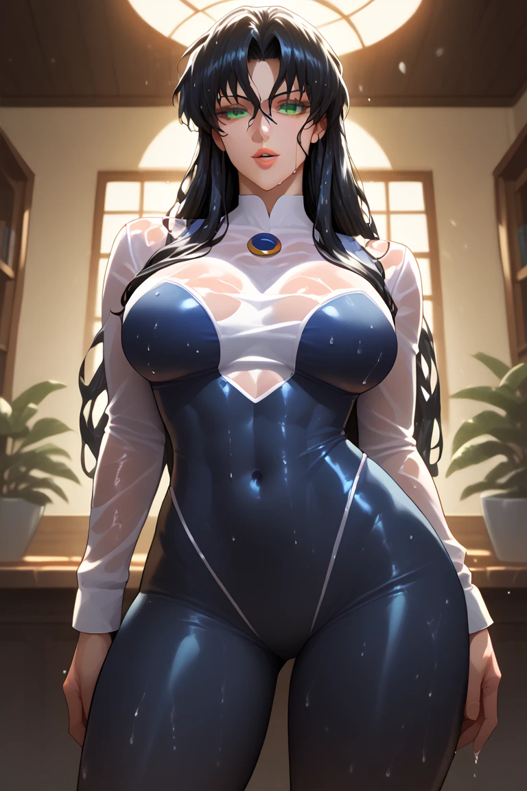 masterpiece, best quality, (super_highleg leotard,blue colorful rhythmic-gymnastics- leotard), health teacher's white coat, (long_sleeves)), turtleneck, open mouth, in heat, gleaming skin, ultra detailed CG , very beautiful girl, light smile, extremely detailed, standing, long hair, black hair, large breasts, brown eyes, living room,(full body shot)