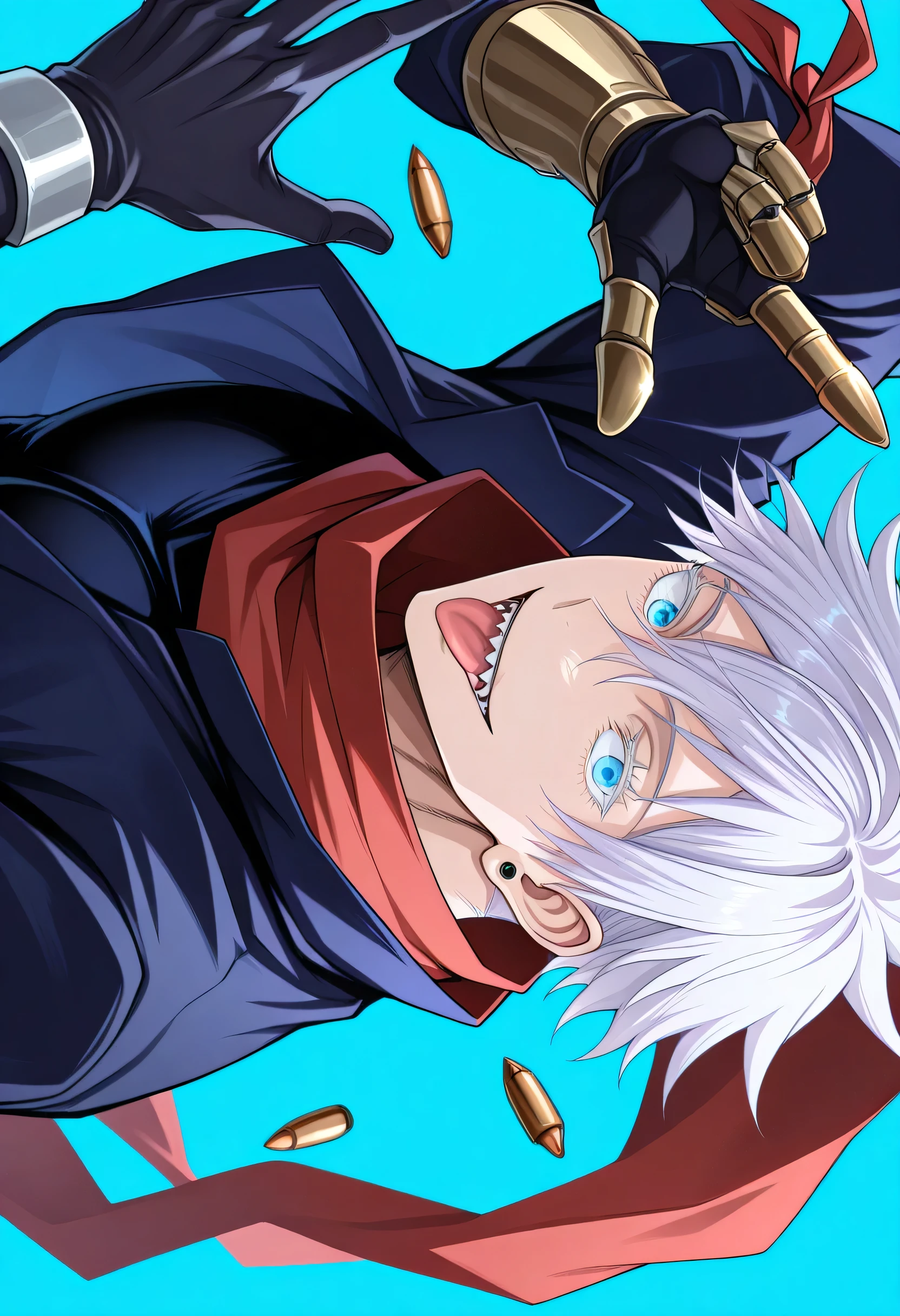 Satoru Gojou \(jujutsu kaisen \), 1boy, armor, armored gloves, bandana, white hair, black jacket, bullet, bullet earrings, earclip, earrings, blue eyes, hair between eyes, hand up, jacket, jewelry, short hair, looking at viewer, male focus, open clothes, open jacket, open mouth, simple light blue background, red bandana, sharp teeth, simple background, smile, solo, teeth, tongue, tongue out, upper body, white hair,