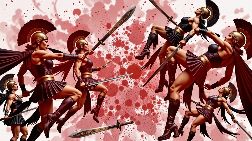 Two beautiful young battle slaves are killing each other with their fists in an ancient Roman coliseum. She is covered in blood. Covered in scars. Covered in sweat. Short of breath. Muscular. Thinly clad. Erect nipples. Bandages on her knuckles.