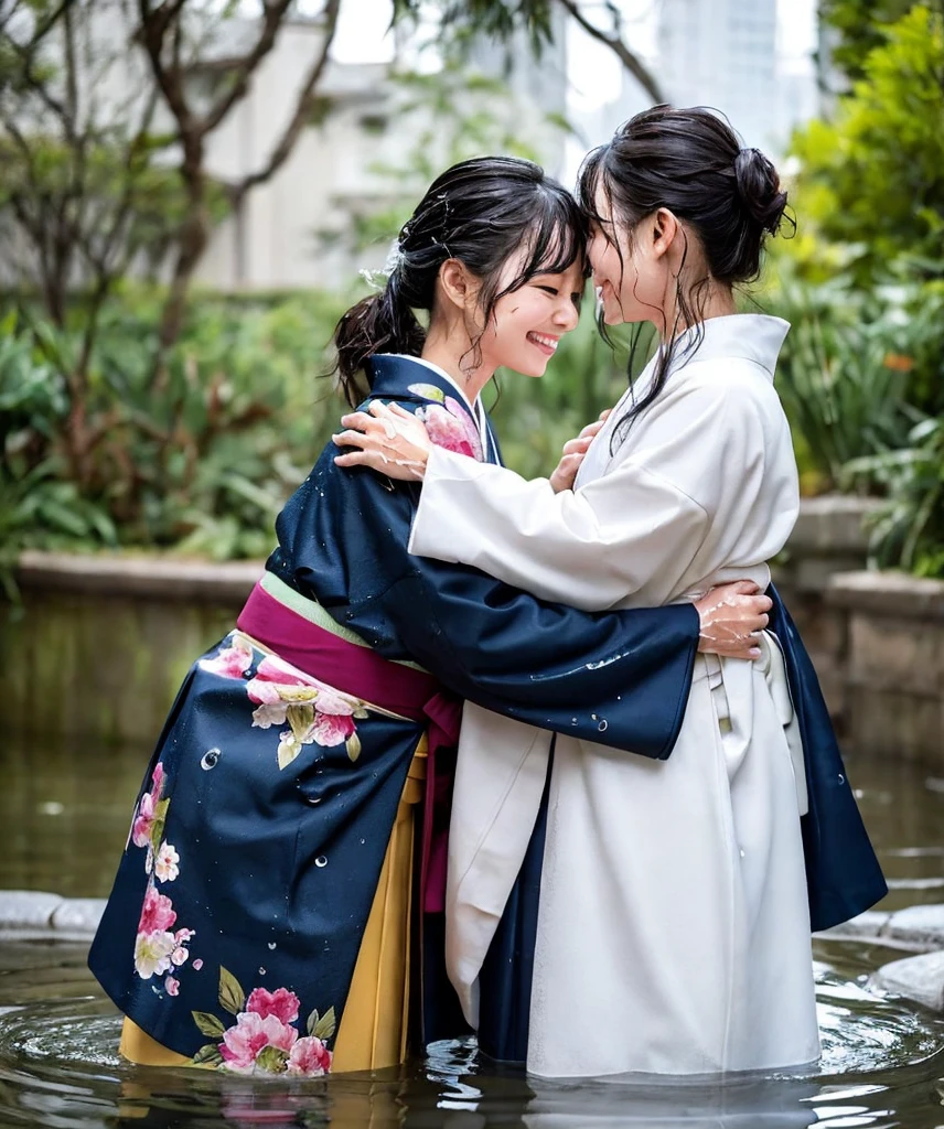 Couple of homosexual young women making love to each other, holding hands, wearing Japan traditional kimono and very thin kimono, there is a young beautiful slender girl looking out the window, she is wearing a traditional Japan kimono and is beautiful, best quality, realistic, photorealistic, best quality, masterpiece, very delicate and beautiful, very detailed, fine detail, super detailed, high-resolution, very detailed, realistic, ultra high-definition, best quality, ultra high-definition, high-quality textures