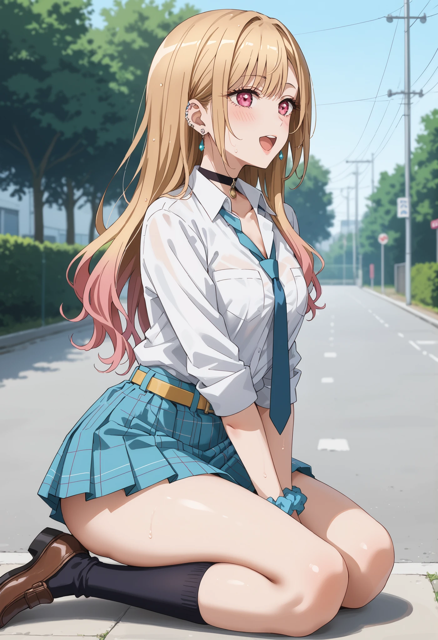 this is a painting of an anime woman riding bicycle, 1girl, solo, underwear, panties, ass, white panties, blush, looking back, sonsaku hakufu, earrings, red bow, sweater vest, white shirt, plaid skirt, white socks, loafers
