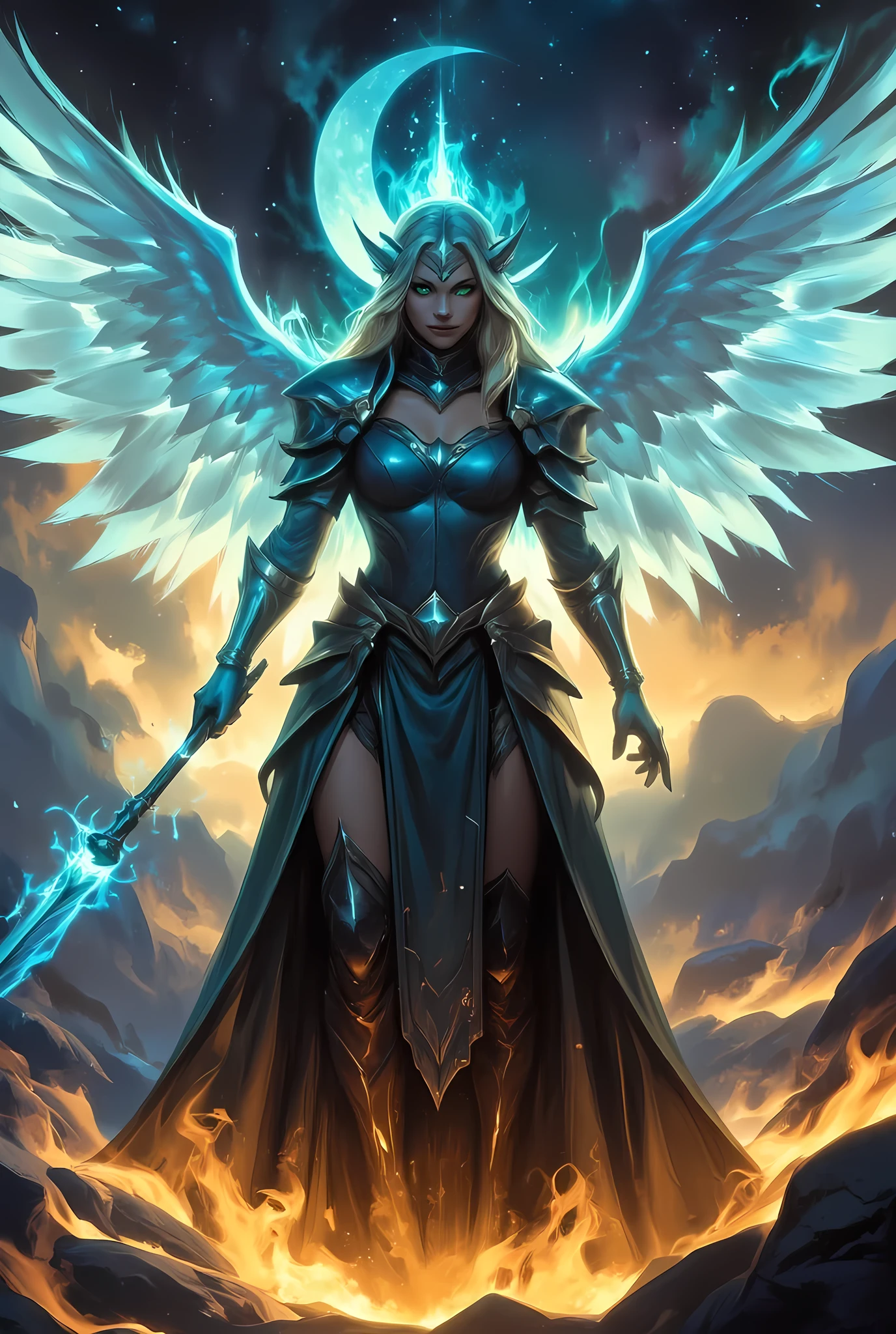 female, sorceress, casting flaming spell, full body, aasimar, female, white large feathered wings, blond hair, green eyes, determined face, divine light, intense eyes, ultra feminine, ultra detailed face, (Masterpieceת intense details:1.5), wearing azure armor, high heeled boots, armed with staff, moon, stars, clouds, fantasy magical heaven background, cinematic lighting, soft light, silhouette, photorealism, 16k, highres, best quality, 2.5D rendering, In the style of chargen_concept_art image of