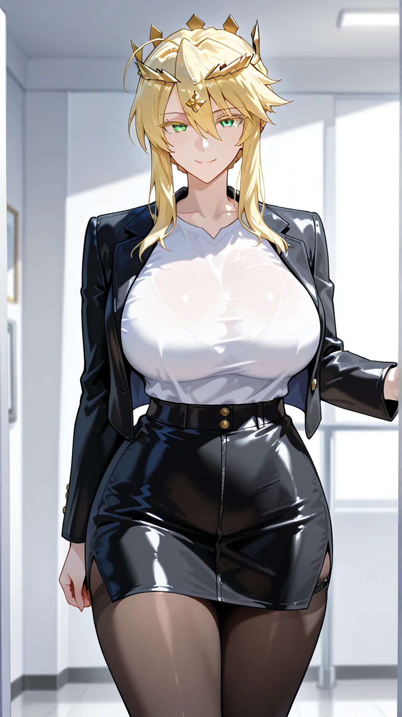 (Best Quality:1.5, High resolution, HD, 4k, detailed lighting, Shaders, perfect hand anatomy), straight blonde hair, busty, nurse costume, neckline, thighs, smiling, to throw, shooting they seek, standing, Hospital history