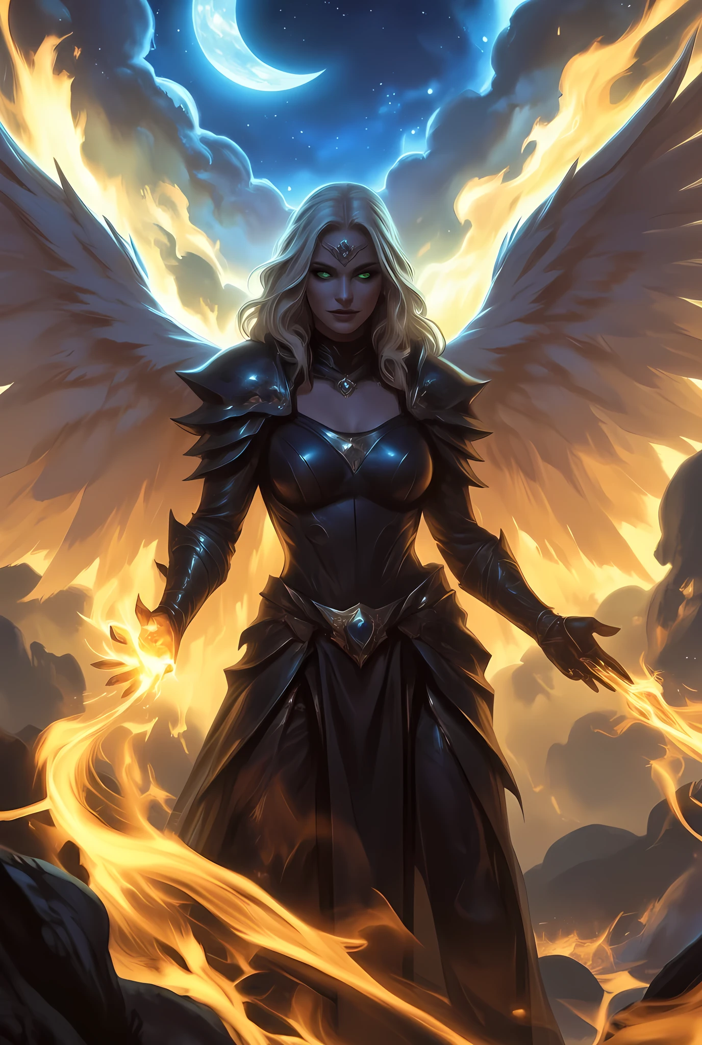 female, sorceress, casting flaming spell, full body, aasimar, female, white large feathered wings, blond hair, green eyes, determined face, divine light, intense eyes, ultra feminine, ultra detailed face, (Masterpieceת intense details:1.5), wearing azure armor, high heeled boots, armed with staff, moon, stars, clouds, fantasy magical heaven background, cinematic lighting, soft light, silhouette, photorealism, 16k, highres, best quality, 2.5D rendering, In the style of chargen_concept_art image of