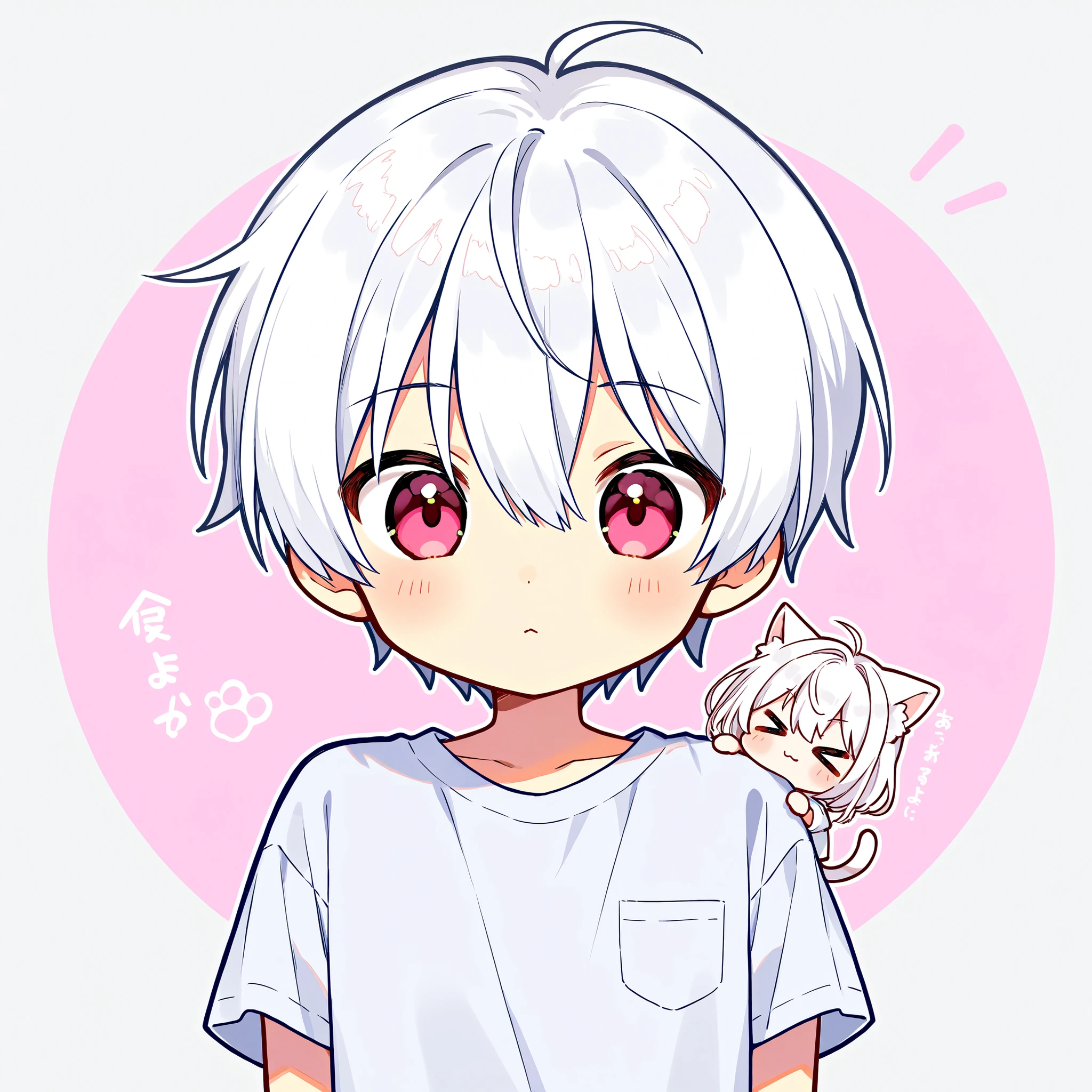Front profile of Chibi cute anime boy with white hair and cat ear wearing a white Tshirt