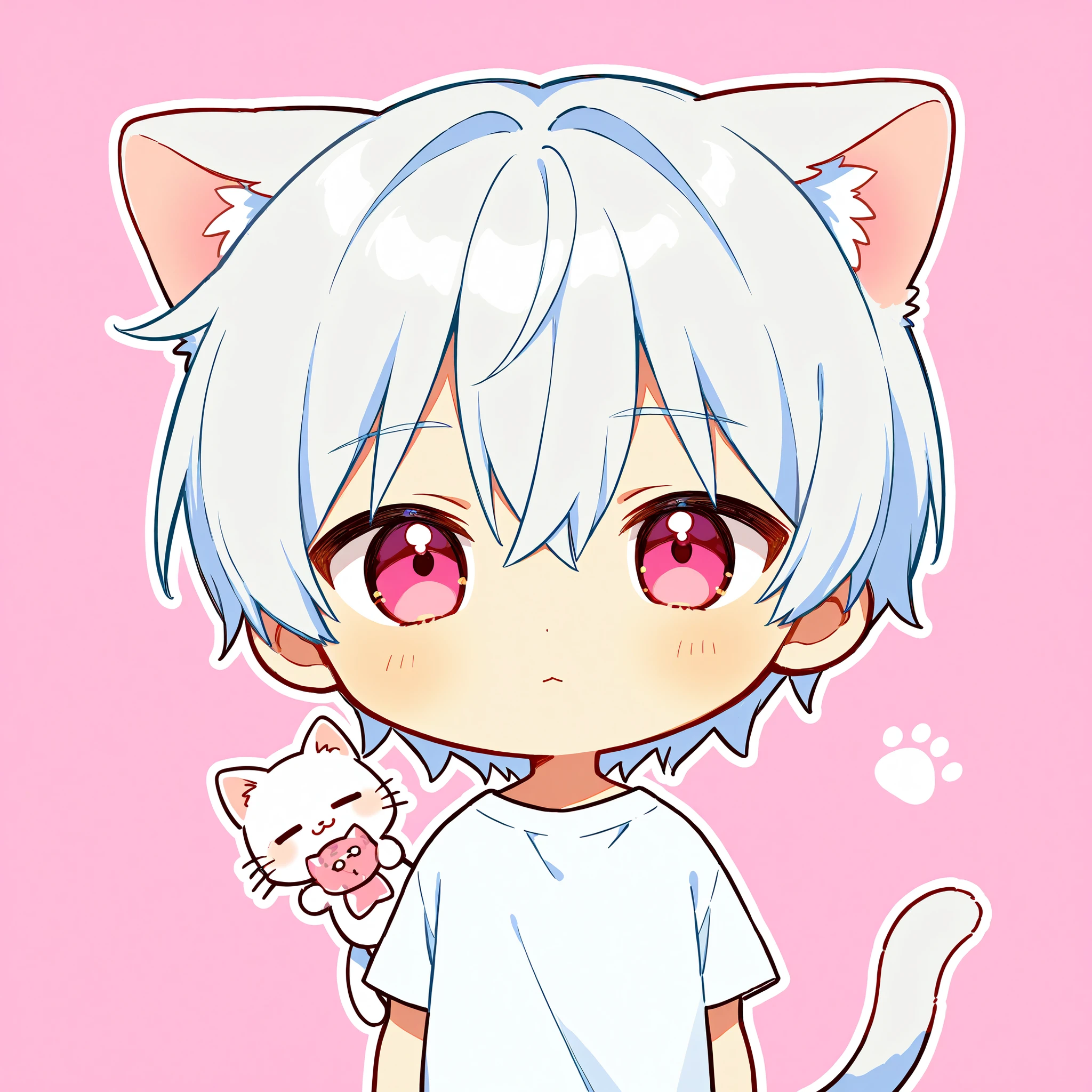Front profile of Chibi cute  anime boy with white hair and cat ear wearing a white Tshirt