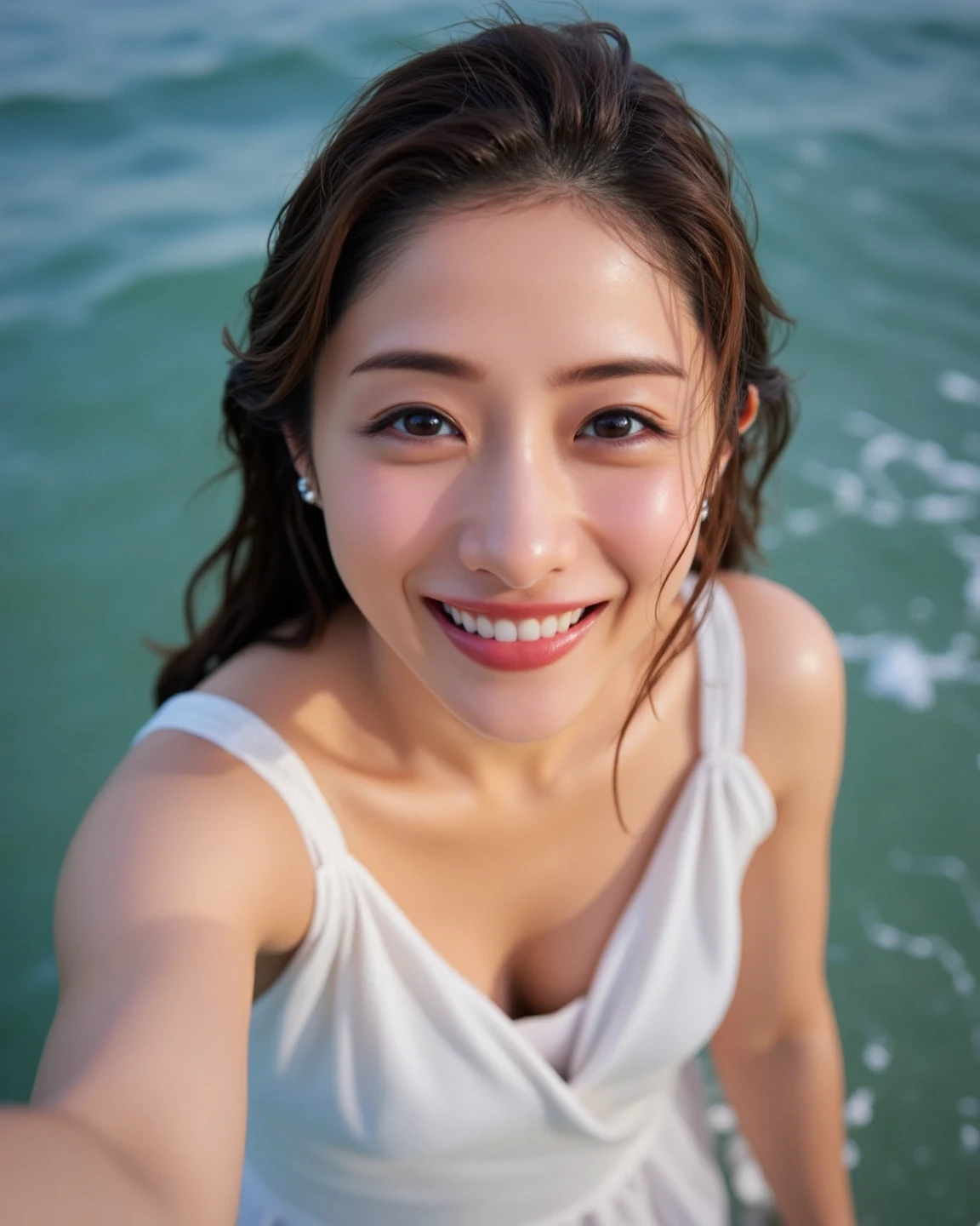 (8K, highest quality, masterpiece:1.2), (realistic, realistic:1.37), ultra detail, 1 girl,cute,alone,beautiful and detailed sky,date,(blush),(smile:1.15),(closed mouth)small breasts,beautiful and fine eyes,(long hair: 1.2),Floating hair NovaFrogStyle, Upper body, Tank top