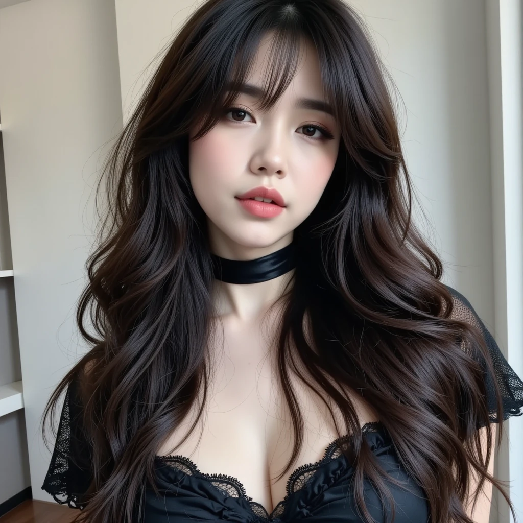 there is a woman with a tattoo on her chest and a black bra, cruel korean goth girl, obras de arte no estilo de guweiz, inspirado em Yanjun Cheng, Estilo de arte anime realista, estilo de arte realista, estilo anime 3 d realista, 🤤 retrato de , retrato realista kawaii, Estilo de realismo de anime, de garota taiwanesa com tatuagens, corte de cabelo preto hime