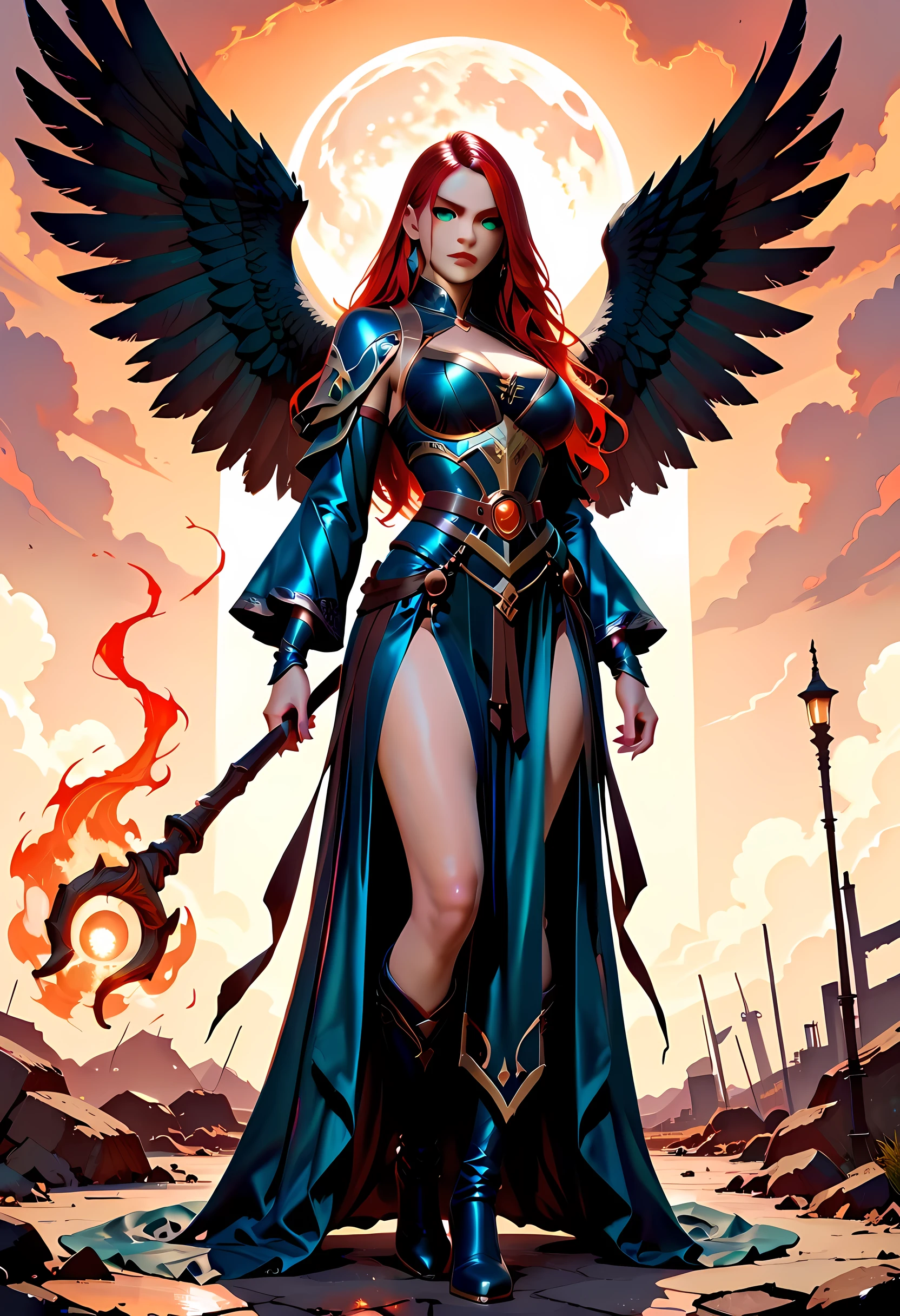 female, sorceress, casting flaming spell, full body, aasimar, female, large feathered wings, red hair, green eyes, determined face, divine light, intense eyes, ultra feminine, ultra detailed face, (Masterpieceת intense details:1.5), wearing azure armor, high heeled boots, armed with staff, moon, stars, clouds, fantasy magical heaven background, cinematic lighting, soft light, silhouette, photorealism, 16k, highres, best quality, 2.5D rendering, fantasy