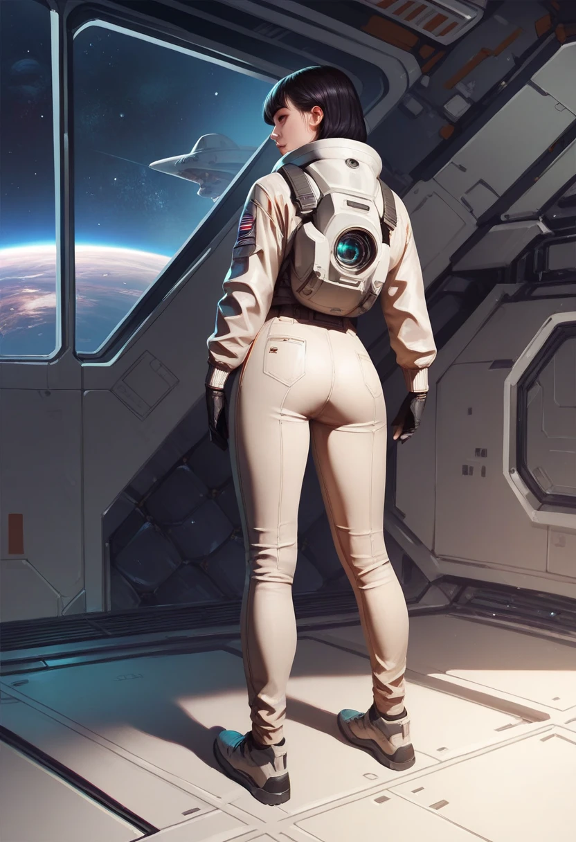 Highly detailed RAW color Photo, Rear Angle, Full Body, of (female space soldier, wearing orange and white space suit, helmet, tined face shield, rebreather, accentuated booty), outdoors, (looking up at advanced alien structure, on alien planet), toned body, big butt, (sci-fi), (mountains:1.1), (lush green vegetation), (two moons in sky:0.8), (highly detailed, hyperdetailed, intricate), (lens flare:0.7), (bloom:0.7), particle effects, raytracing, cinematic lighting, shallow depth of field, photographed on a Sony Alpha 1, 50mm wide angle lens, sharp focus, cinematic film still from Gravity 2013