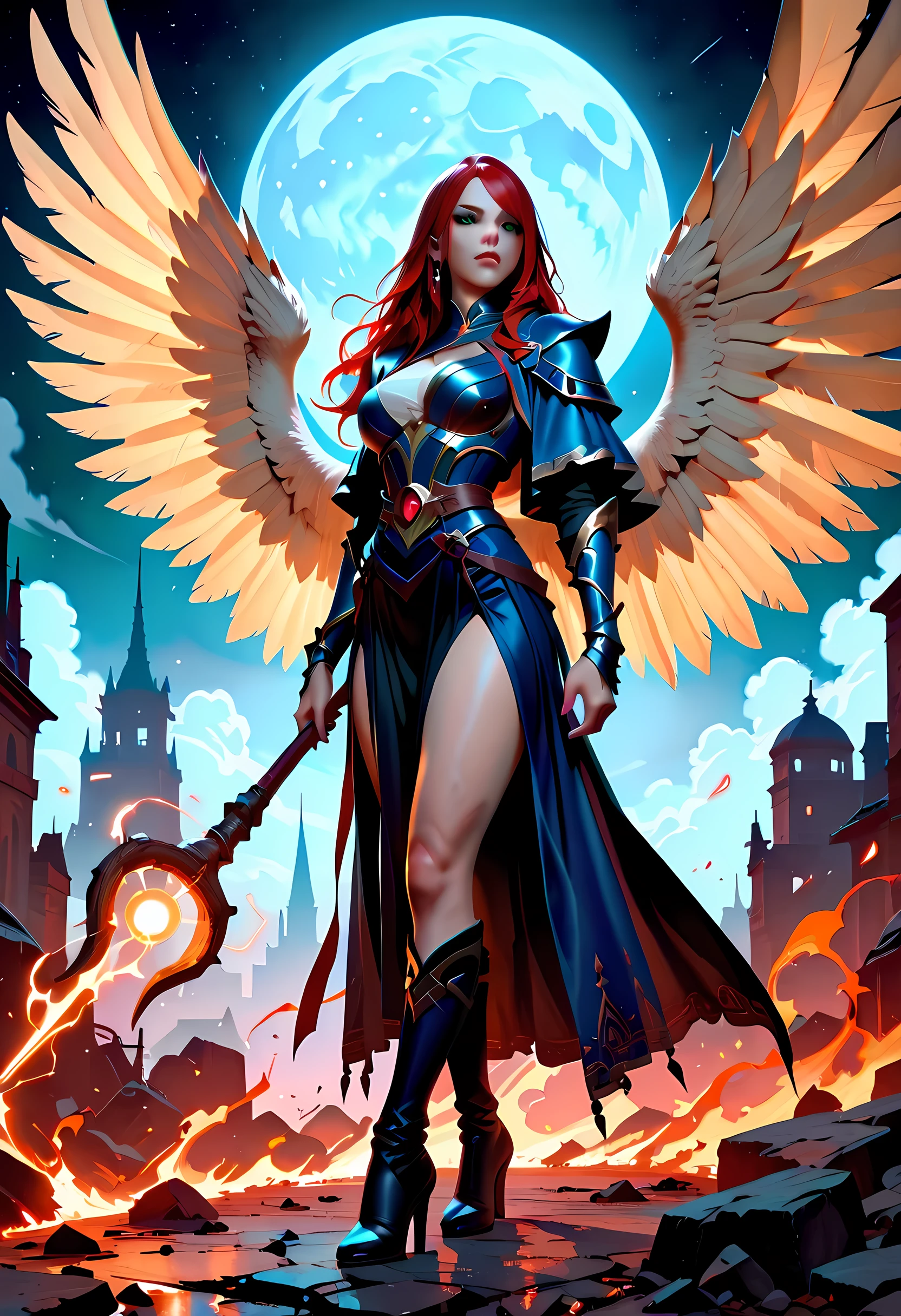 female, sorceress, casting flaming spell, full body, aasimar, female, large feathered wings, red hair, green eyes, determined face, divine light, intense eyes, ultra feminine, ultra detailed face, (Masterpieceת intense details:1.5), wearing azure armor, high heeled boots, armed with staff, moon, stars, clouds, fantasy magical heaven background, cinematic lighting, soft light, silhouette, photorealism, 16k, highres, best quality, 2.5D rendering, fantasy