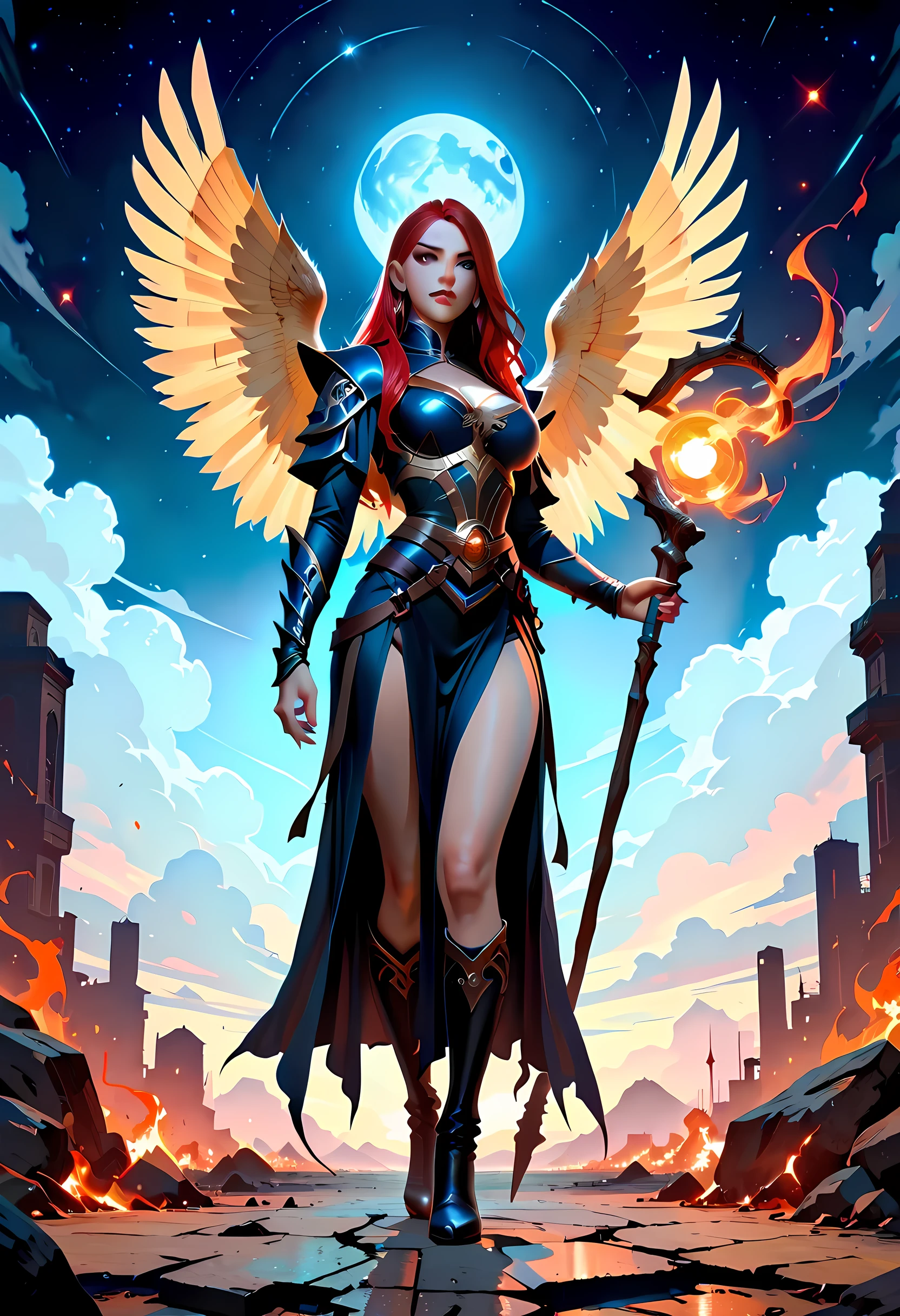 female, sorceress, casting flaming spell, full body, aasimar, female, large feathered wings, red hair, green eyes, determined face, divine light, intense eyes, ultra feminine, ultra detailed face, (Masterpieceת intense details:1.5), wearing azure armor, high heeled boots, armed with staff, moon, stars, clouds, fantasy magical heaven background, cinematic lighting, soft light, silhouette, photorealism, 16k, highres, best quality, 2.5D rendering, fantasy