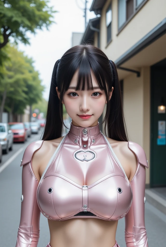 (Photorealsitic:1.4)、Onegirl、(top-quality),(hyperdetailed face)、(Super well-formed face)、((Robot Parts))、(Cyborg girl)、(Burgundy)、(metalic)、(fullllbody)、(Moe Pose)、(Heart pose with fingers)、(Slender body)、(tits out)、(Model body type)、(mecha exposure)、(akihabara)、(is looking at the camera)、(A dark-haired)、(９Head and body)、(a small face)、(Idol)、(front facing)、(is standing)、(Photo session)、(Looks sad)、(Cyborg girl in pink satin dress)、(sleeve less)、(a miniskirt)、(corrupted)、(Mender)