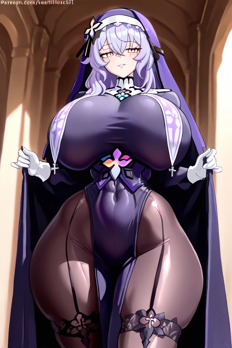 Teen titans, Raven, anime, masterpiece, 1girl, ((bimbo))), purple eyes, short purple hair, wide hips, thick thigh, big breast, huge ass, shiny skin, black suit, blue cloak, Cleavage, hands on breasts