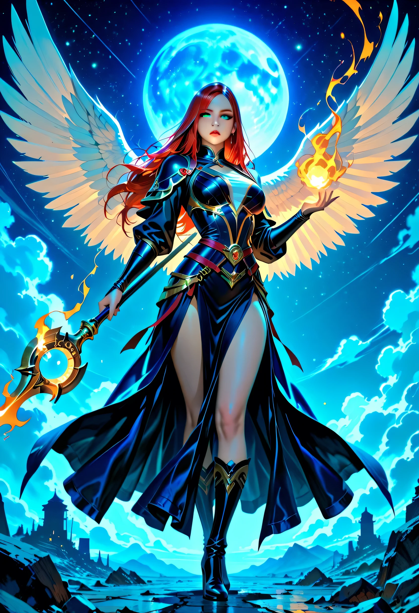 female, sorceress, casting flaming spell, full body, aasimar, female, white large feathered wings, red hair, green eyes, determined face, divine light,  intense eyes, ultra feminine, ultra detailed face, (Masterpieceת intense details:1.5),   wearing azure armor, high heeled boots, armed with staff,  moon, stars, clouds, fantasy magical heaven background, cinematic lighting, soft light, silhouette, photorealism, 16k, highres, best quality, 2.5D rendering, Cinematic Shot. 1girl, solo