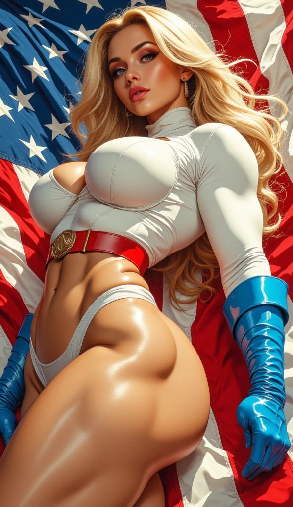 masterpiece, best quality, cinematic scene, heroic pose, 1girl, topless, muscular, long wavy blonde hair, white micropanties, big breasts, smiling, in space