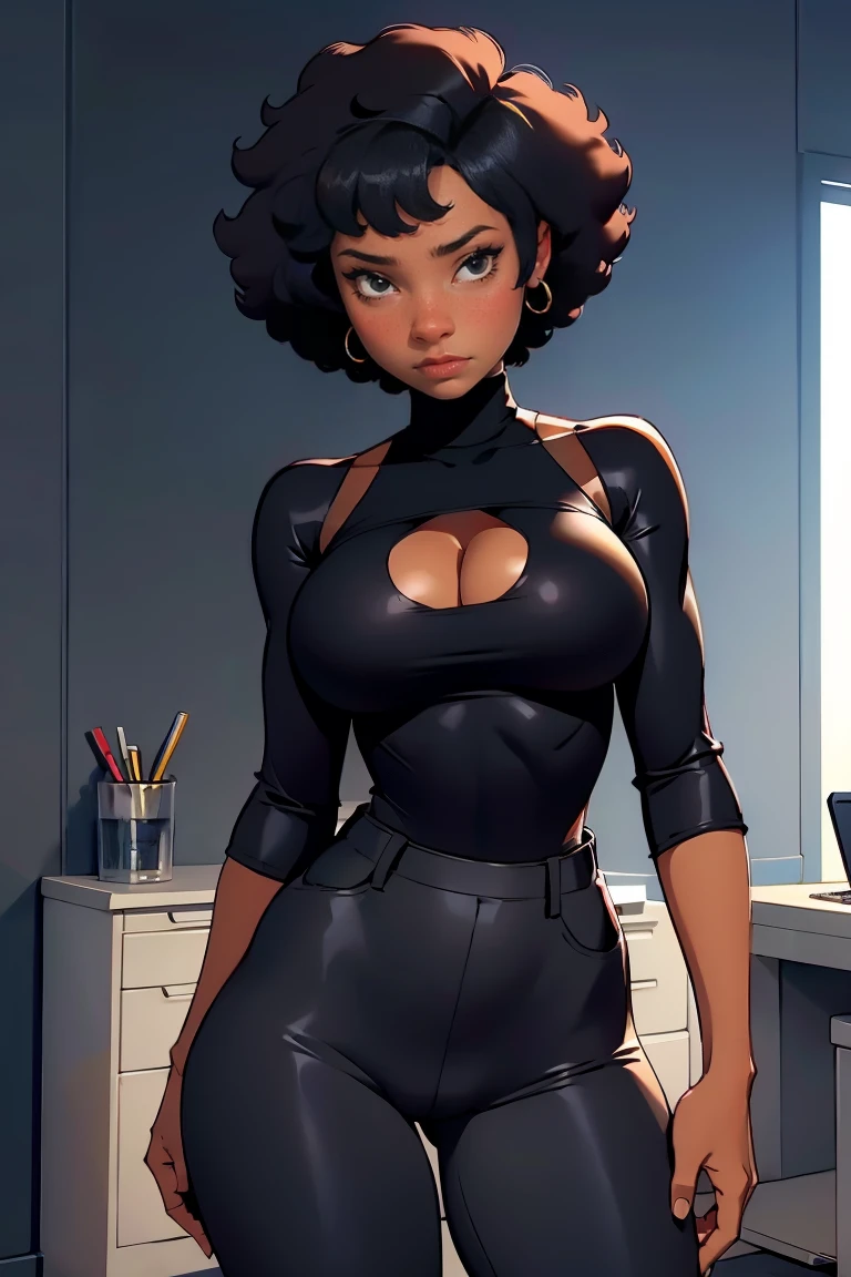 Only a black girl, ebony skin. purple hair.  Green eyes.  Slender, athletic and elegant build.  Yellow tank top, black latex pants, a denim jacket. amazing stunningly beautiful, most beautiful women ever. Busty. Comic style. Marvel comics