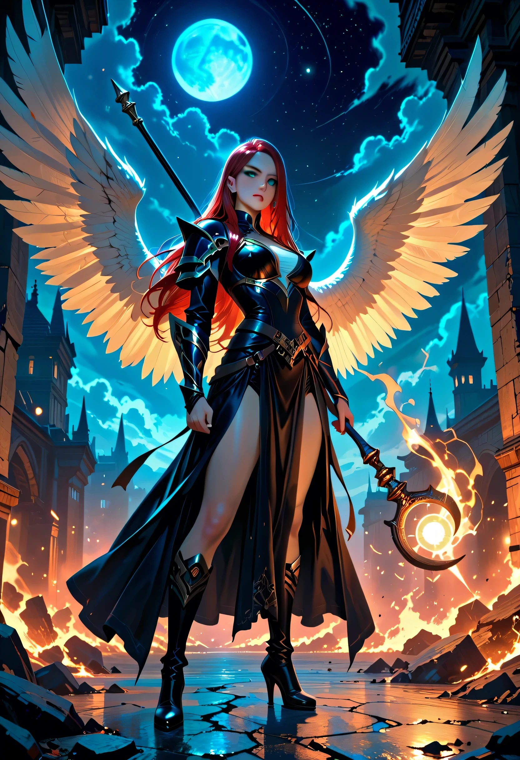 female, sorceress, casting flaming spell, full body, aasimar, female, white large feathered wings, red hair, green eyes, determined face, divine light, intense eyes, ultra feminine, ultra detailed face, (Masterpieceת intense details:1.5), wearing azure armor, high heeled boots, armed with staff, moon, stars, clouds, fantasy magical heaven background, cinematic lighting, soft light, silhouette, photorealism, 16k, highres, best quality, 2.5D rendering, Cinematic Shot. 1girl, solo