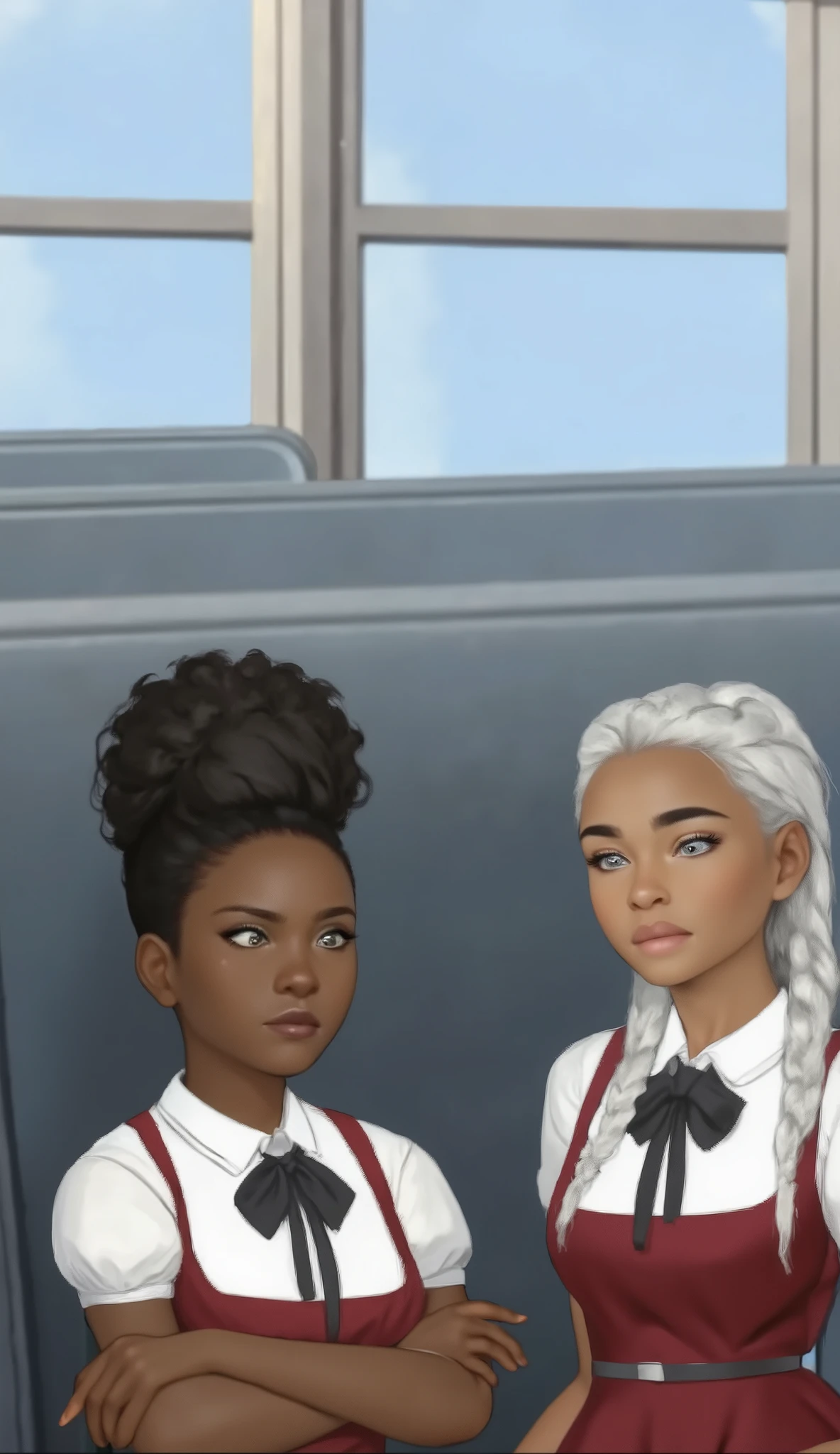 Two Black Young Girls that are friends on a school bus setting wearing matching school uniforms outfits consisting of a white shirt with puffed sleeves, a burgundy sleeveless dress, and a black ribbon tie. One of the young friends girl is darker skin tone and a little short then her friend she also has short curly black hair in a top updo, and she has light brown eyes, and the other young friend girl is a lighter skin tone has long white braids she has light silver grey eyes, They are sitting side by side on the bus, the darker skin friend has her arms crossed looking worried, and the lighter skin friend is sitting looking sad , in front of large windows that let in plenty of natural light. The overall atmosphere is casual and school-centric.
